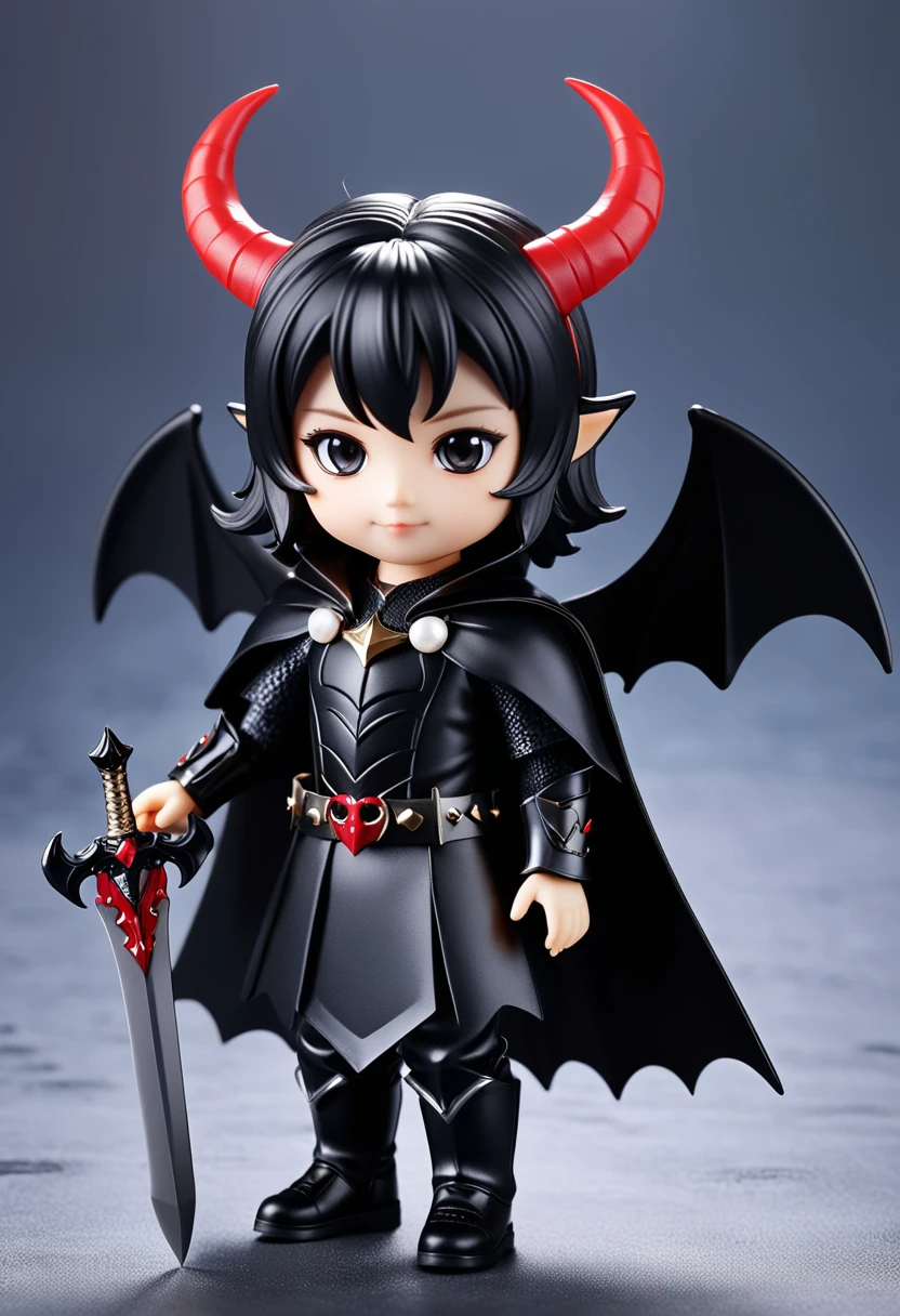 (masterpiece, Highest quality)、Cute girl demon king、Pointy Ears、Horns growing from his head、Black Armor、Black Devil Wings、Not scary、The sword in his hand has a black blade、頭以外はBlack Armorに包まれている、Fluttering black cape、Not scary、、