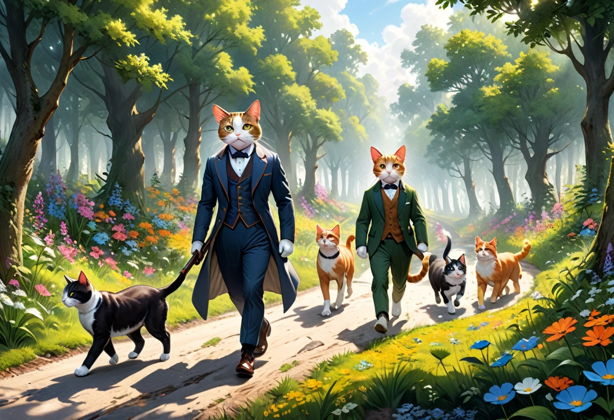 (Top Quality, Ultra Detailed, Realistic: 1.37), (From a diagonal side view:1.5), Humorous, Cartoon style, Thick lines, Children's storybook illustration, Bright colors, Two hunters with hunting rifles in their hands walk carefully down a path through a flowered forest, while two hounds gallop around them. In the middle, an anthropomorphic (human-sized cat:1.2) dressed in a 19th century suit walks alongside them,