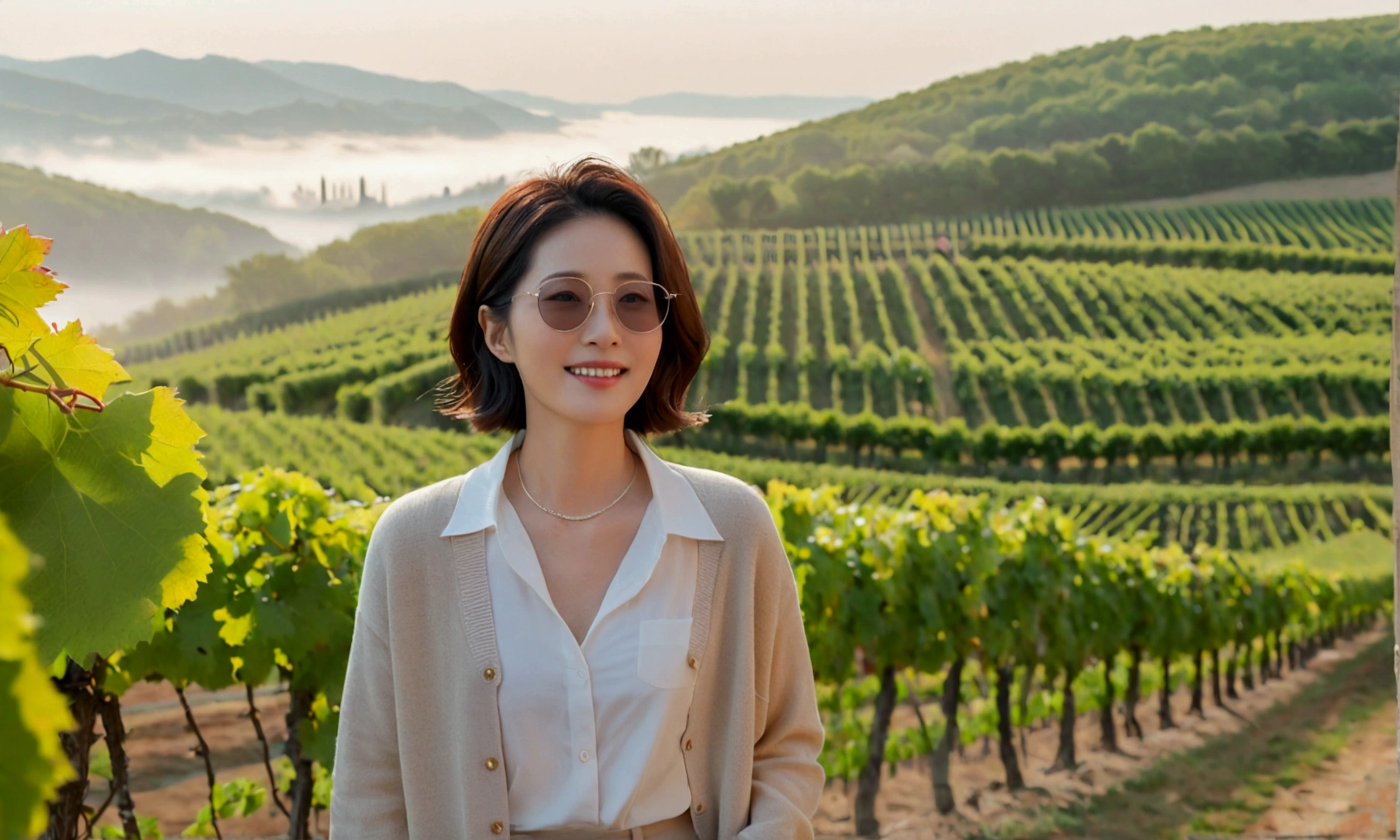Intentional quality, In 8K, 32K, Photo of a beautiful 36-year-old Korean woman, short medium hair, Inspired by Son Ye-jin, whole body, face focus, Shirt that goes up to the neck and a short cardigan from a luxury brand, beige casual pants, Italian countryside vineyard background, Ranged、make a happy face, 새벽 진한 한개속 The cathedral is visible in the distance, There is thick fog, path, looking up the side, Wear a shirt that covers your chest, The cathedral is visible in the distance, Photo of endless vineyard scenery, look up the side. thick dawn fog, Well-groomed hair, Photo of an elegant and modest woman, Endless vineyards, Vivid picture quality, Clear picture quality, 언덕 위 path, 1 woman, colonnade가 있는 휘어진 path 언덕에서 바라본다. colonnade, The waist area is visible. 휘어진 path에 서있다, colonnade가 있는 어덕길에 서있다. Luxury brand large horn rimmed sunglasses, Sunglasses details, The size of both sides of the glass is constant., Looking down on the vineyard from the hill, The cathedral is visible in the distance
