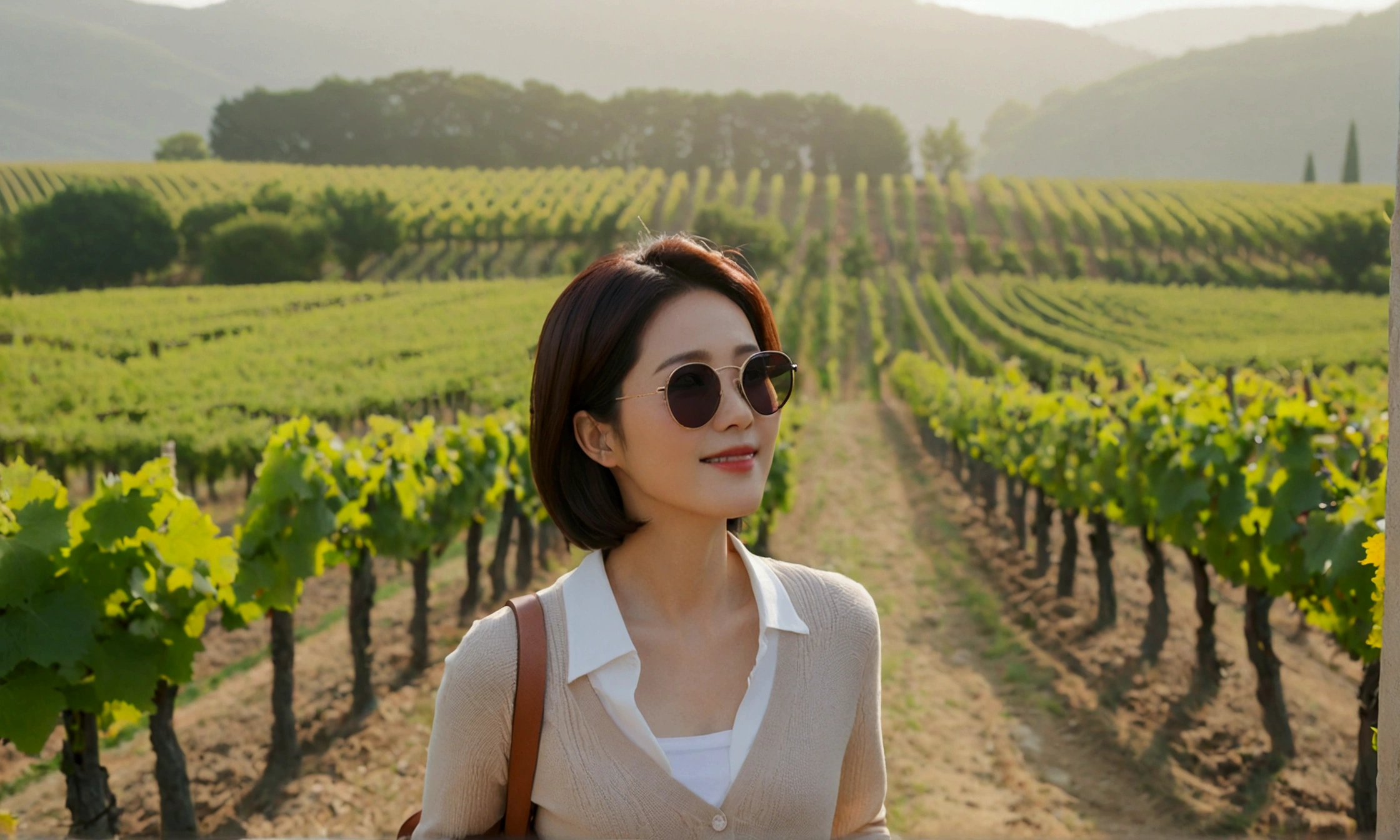 Intentional quality, In 8K, 32K, Photo of a beautiful 36-year-old Korean woman, short medium hair, Inspired by Son Ye-jin, whole body, face focus, Shirt that goes up to the neck and a short cardigan from a luxury brand, beige casual pants, Italian countryside vineyard background, Ranged、make a happy face, 새벽 진한 한개속 The cathedral is visible in the distance, There is thick fog, path, looking up the side, Wear a shirt that covers your chest, The cathedral is visible in the distance, Photo of endless vineyard scenery, look up the side. thick dawn fog, Well-groomed hair, Photo of an elegant and modest woman, Endless vineyards, Vivid picture quality, Clear picture quality, 언덕 위 path, 1 woman, colonnade가 있는 휘어진 path 언덕에서 바라본다. colonnade, The waist area is visible. 휘어진 path에 서있다, colonnade가 있는 어덕길에 서있다. Luxury brand large horn rimmed sunglasses, Sunglasses details, The size of both sides of the glass is constant., Looking down on the vineyard from the hill, The cathedral is visible in the distance