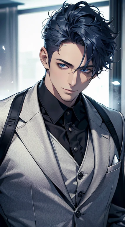 (best quality,4k,8k,highres,masterpiece:1.2),ultra-detailed,(realistic,photorealistic,photo-realistic:1.37),1 man,31 years old,mature man,very handsome,without expression,smile,short  blue hair,blue eyes,penetrating gaze,perfect face without errors,imposing posture,businessman,office background,cinematic lighting,hdr image