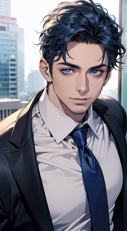 (best quality,4k,8k,highres,masterpiece:1.2),ultra-detailed,(realistic,photorealistic,photo-realistic:1.37),1 man,31 years old,mature man,very handsome,without expression,smile,short  blue hair,blue eyes,penetrating gaze,perfect face without errors,imposing posture,businessman,office background,cinematic lighting,hdr image