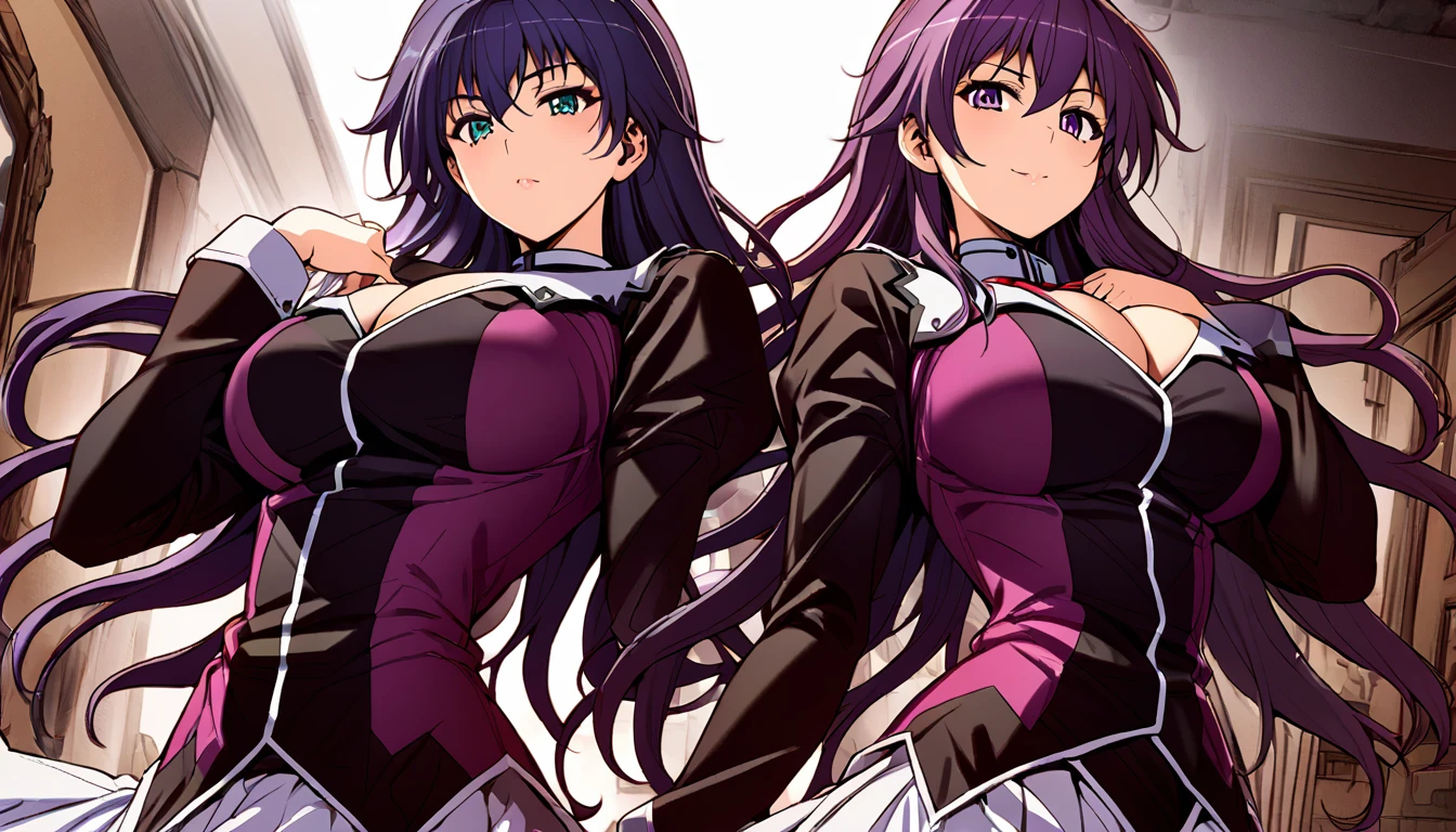 High detailed, 3 girls, matching hairstyles, matching uniforms, matching sizes, violet eyes, purple tones colored hair, wavy long hair, busty, chunky body, yellow genetics's uniform, Juliet sleeves, deep cleavage, white skirt, genetics's uniform, juliet sleeves, genetics's uniform, posing together