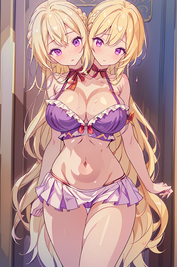 (masterpiece, best quality), best quality, (ultra-detailed), (3heads:1.5), 1girl, (yakumo yukari:1.3), masterpiece, best quality, ultra quality, ultra resolution, ultra detail, purple top, crop top, ((stomach)), midriff, ((groin)), purple skirt, frilled skirt, normal ears, , blonde hair, (same hair color), very long hair, wavy hair, sidelocks, purple eyes, parted lips, open belly, sweat, cute, toned belly, hand on own , eyelashes, (24 year old woman:1.3), (masterpiece:1.5), (best quality:1.5), (beautiful detailed), extremely detailed CG, extremely delicate and beautiful, depth of field, (finely detailed face), (perfect details:1.2), (mature female:1.3), wide pelvis, slender, large veiny , 16k resolution, highres, high quality, high definition, extremely detailed, masterpiece, best quality, blonde hair, long hair, alluring presence, braid, short skirt, close up, very big , huge , young, frills, hat, hat ribbon, midriff, , ((blonde)),
