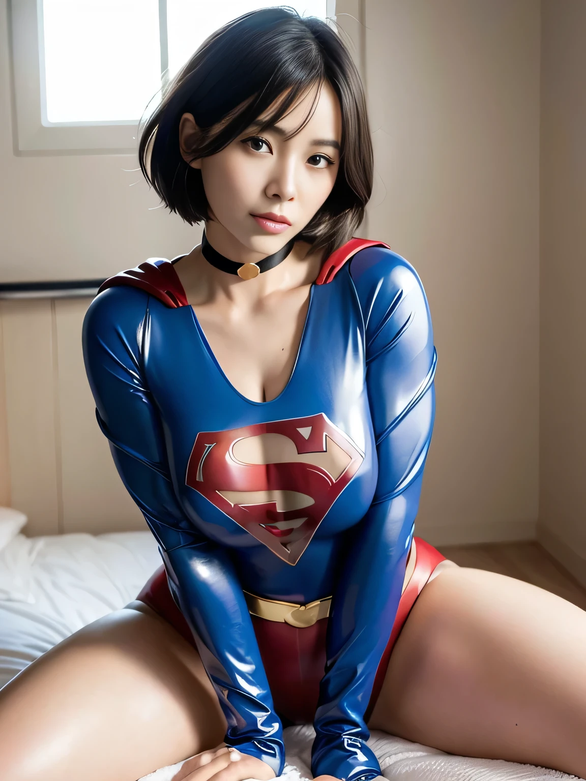 masterpiece、Rubber Supergirl Costume、short hair、Rubber Long Boots、Big and ample breasts、shiny sweaty skin、looking at the camera、choker、Long sleeve、Sexy poses to seduce、Off the shoulder、latex、From the front、Medical Beds、High leg leotard、Cape、A seductive sleeping pose、Photo magazine cover、Boasting beautiful legs、wallpaper for pc、