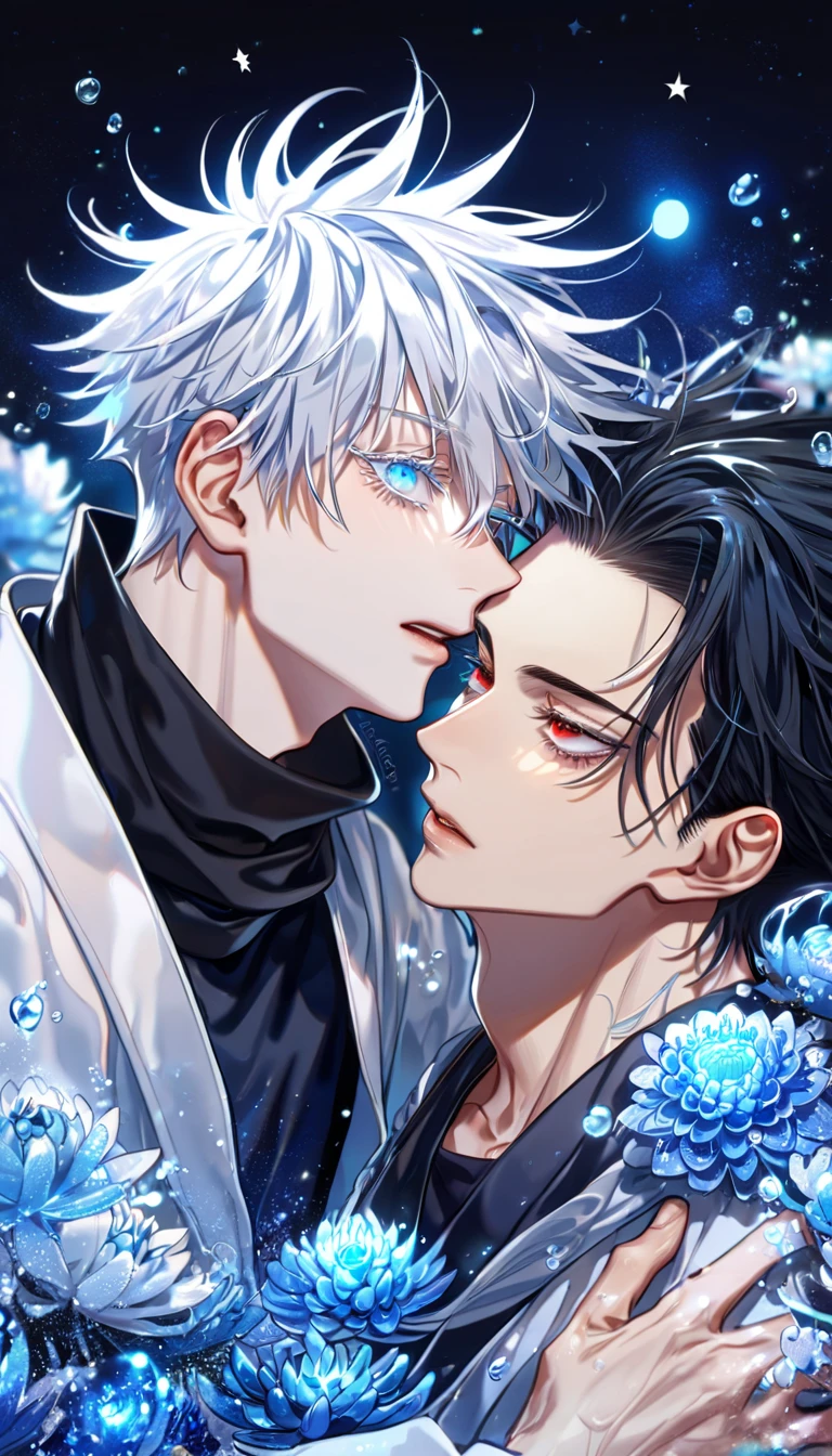 absurdres, highres, ultra detailed, HDR, master piece, best quality, extremely detailed, Gojou Satoru, white hair, expressive blue eyes, white eyelashes, Jujutsu Kaisen, Kaerius, black hair, expressive red eyes, two sexy men together, yaoi, gay couple, handsome, sensual, black scarf, white haori, black tight shirt, fantasy, water, sparkling, blue glittering fireflies, blue moon, blue blossoms, blue chrysanthemums, blue sparkling lights, starry sky, magical