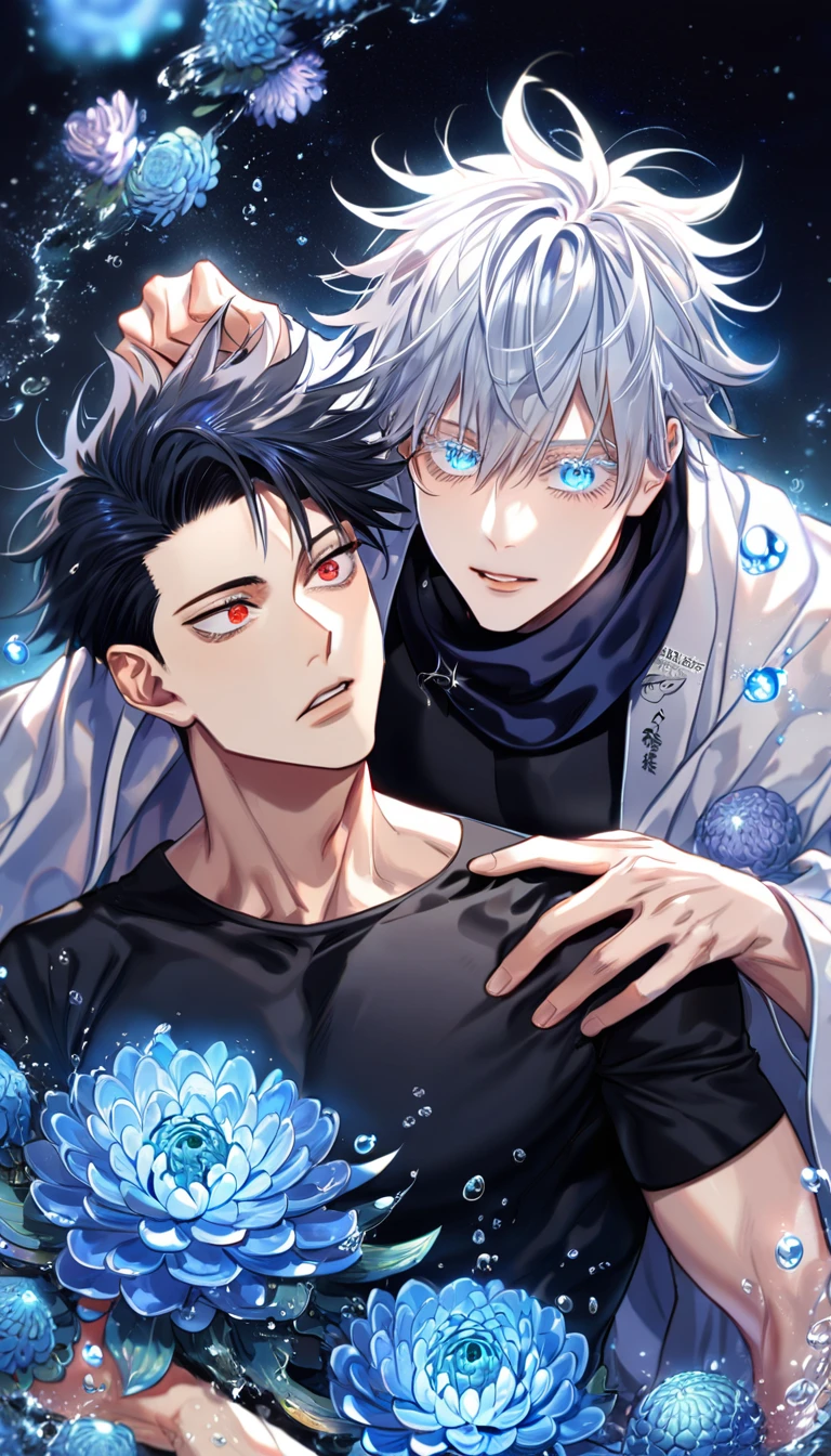 absurdres, highres, ultra detailed, HDR, master piece, best quality, extremely detailed, Gojou Satoru, white hair, expressive blue eyes, white eyelashes, Jujutsu Kaisen, Kaerius, black hair, expressive red eyes, two sexy men together, yaoi, gay couple, handsome, sensual, black scarf, white haori, black tight shirt, fantasy, water, sparkling, blue glittering fireflies, blue moon, blue blossoms, blue chrysanthemums, blue sparkling lights, starry sky, magical