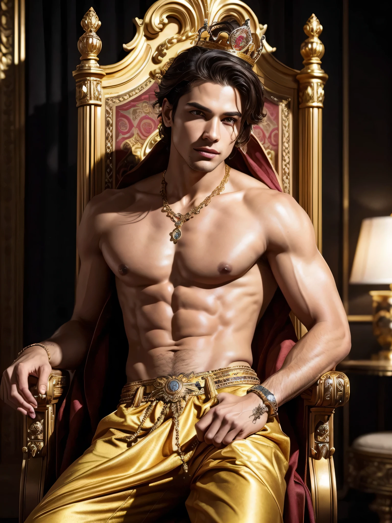 (1boy, photorealistic:1.4, ultra realistic, masterpiece:1.2, best quality, 4k, 8k), Create a photorealistic image that embodies the regal and charismatic nature of the zodiac sign Leo. Feature a striking male model with a commanding presence, standing confidently in an opulent setting filled with golden hues and dramatic lighting. Surround him with symbols of royalty, such as a majestic throne, rich tapestries, and a crown that hints at his fiery spirit. The model’s attire should be luxurious, sexy and bold, reflecting Leo’s love for the dramatic and the theatrical. Capture the essence of his fierce and passionate nature through dynamic poses and intense expressions. The backdrop should exude a sense of grandeur and splendor, showcasing Leo’s innate ability to captivate and inspire those around him, (detailed face, delicate skin, ultra realistic skin, shot on Nikon d850 50mm, dlsr, RAW)