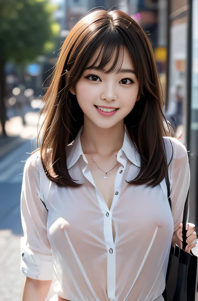 Highest quality,Ultra-high resolution,Japanese actress,Idol,double eyelid,Very thin,looking at the camera,smile,teeth,See-through collared shirt,Thighs,between legs,Shopping Street,paper bag,Pubic hair is visible,Nipples become erect