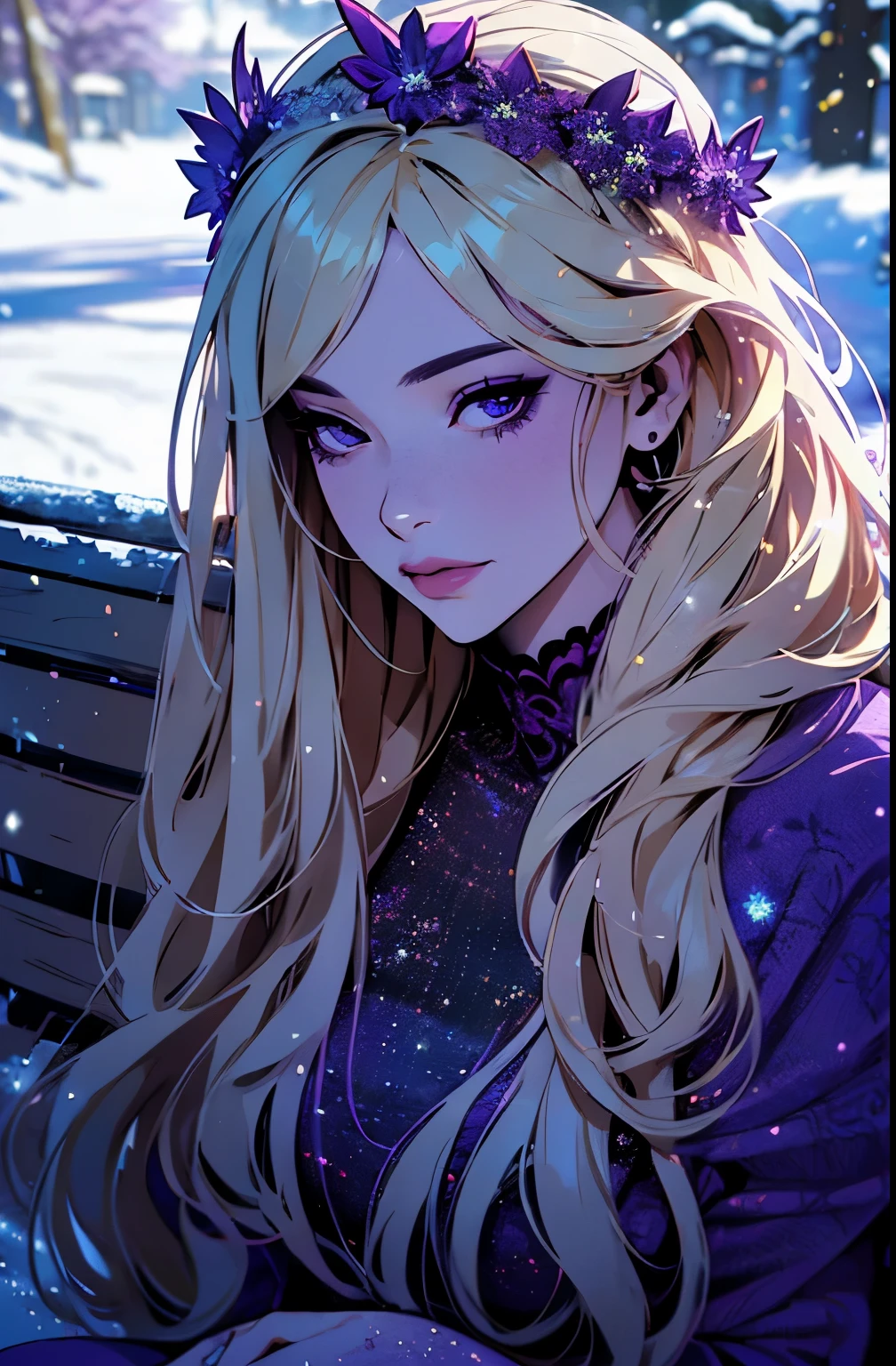 hyper-realistic image of a mysterious woman with flowing blonde hair, piercing purple eyes, and a delicate floral crown, kind smile, trunk, yukat, ((purple eyes)), (intricado detail, 超detailded:1.1), flocos de neve, outside, snowing, upper body, sitting on a bench, snow landscape, sweet woman