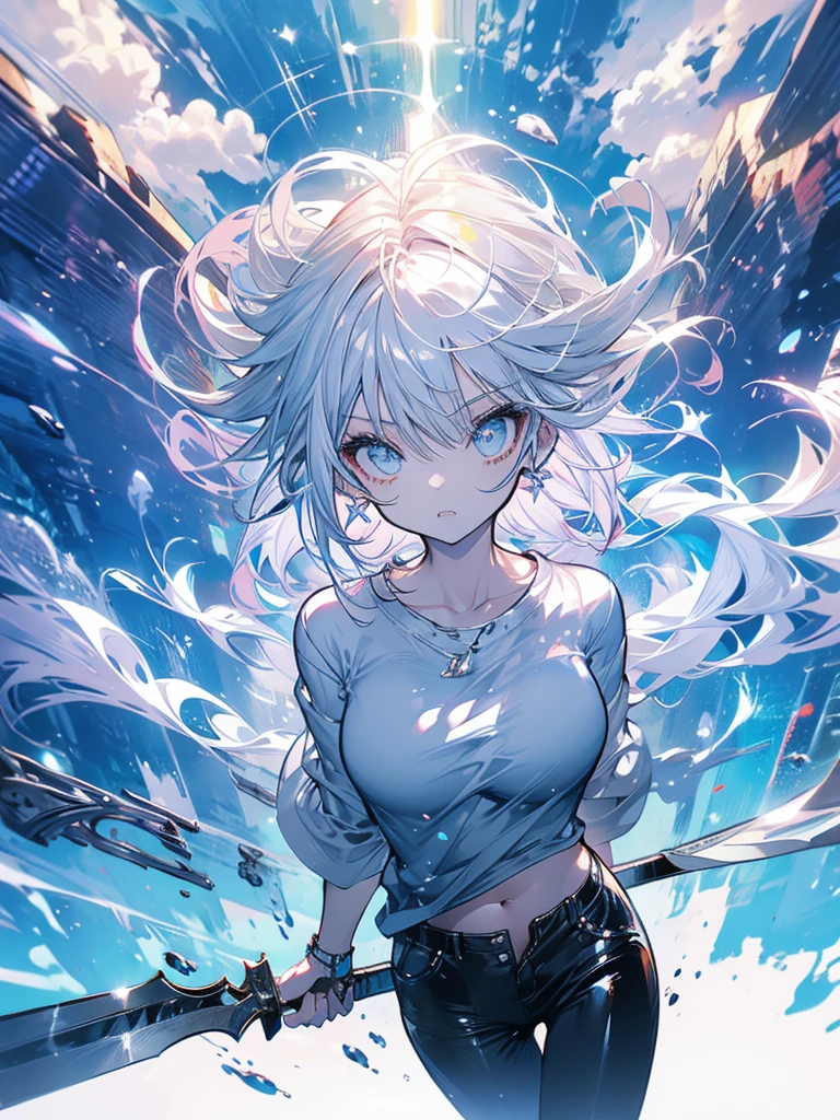 Woman, cute, baggy shirt, tight pants, looking up, weapon, white hair, light blue, ice, shark, double teeth, nude