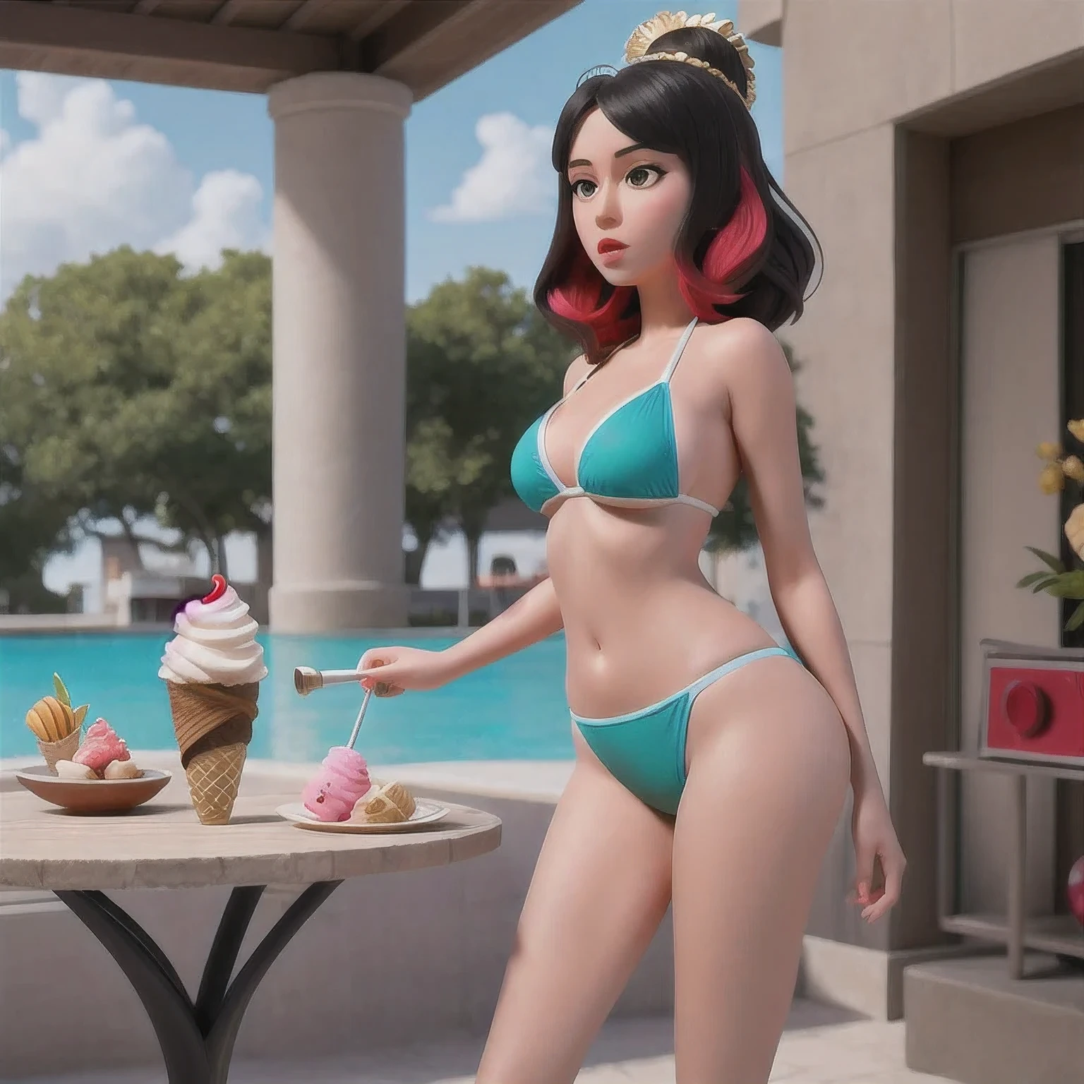 araffe1 girl in a bikini eating an ice cream cone, eating ice cream, in a bikini, angela white, giorgia meloni, katy perry, in bikini, eating ice - cream, wearing spandex bikini, ice cream on the side, bikini, ice cream, wearing a bikini, candid photo of dirty, shiny plastic bikini, candid shot, cone, 1 girl, solo,in a green dress standing by a wall,portrait of female idol,