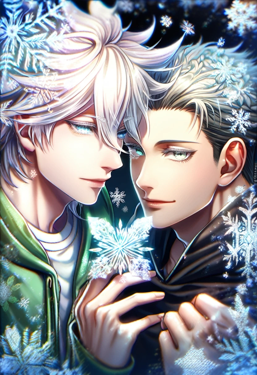 Ultra detailed, HDR, Highres, absurdres, master piece, Gojou Satoru, white hair with bangs, expressive blue eyes, white eyelashes, black clothes, Jujutsu Kaisen, Komaeda Nagito, white hair, expressive green-gray eyes, green coat with hoodie, white shirt, Danganronpa 2, ice flowers, ice butterflies, fantasy, magical, snowflakes, winter, handsome, two sexy man together, gay couple, yaoi, love, sensual, frosted