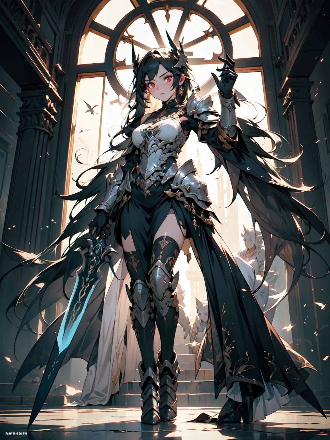 ((masterpiece, best quality, 8k))A captivating artwork of a darkly enchanting female character in a shadowy, magical setting. She wears dark and magical clothes in black and purple, perfectly matching her mysterious aura. Her short black hair and crimson eyes exude an intense beauty. She wields a dark staff, emanating a foreboding power.