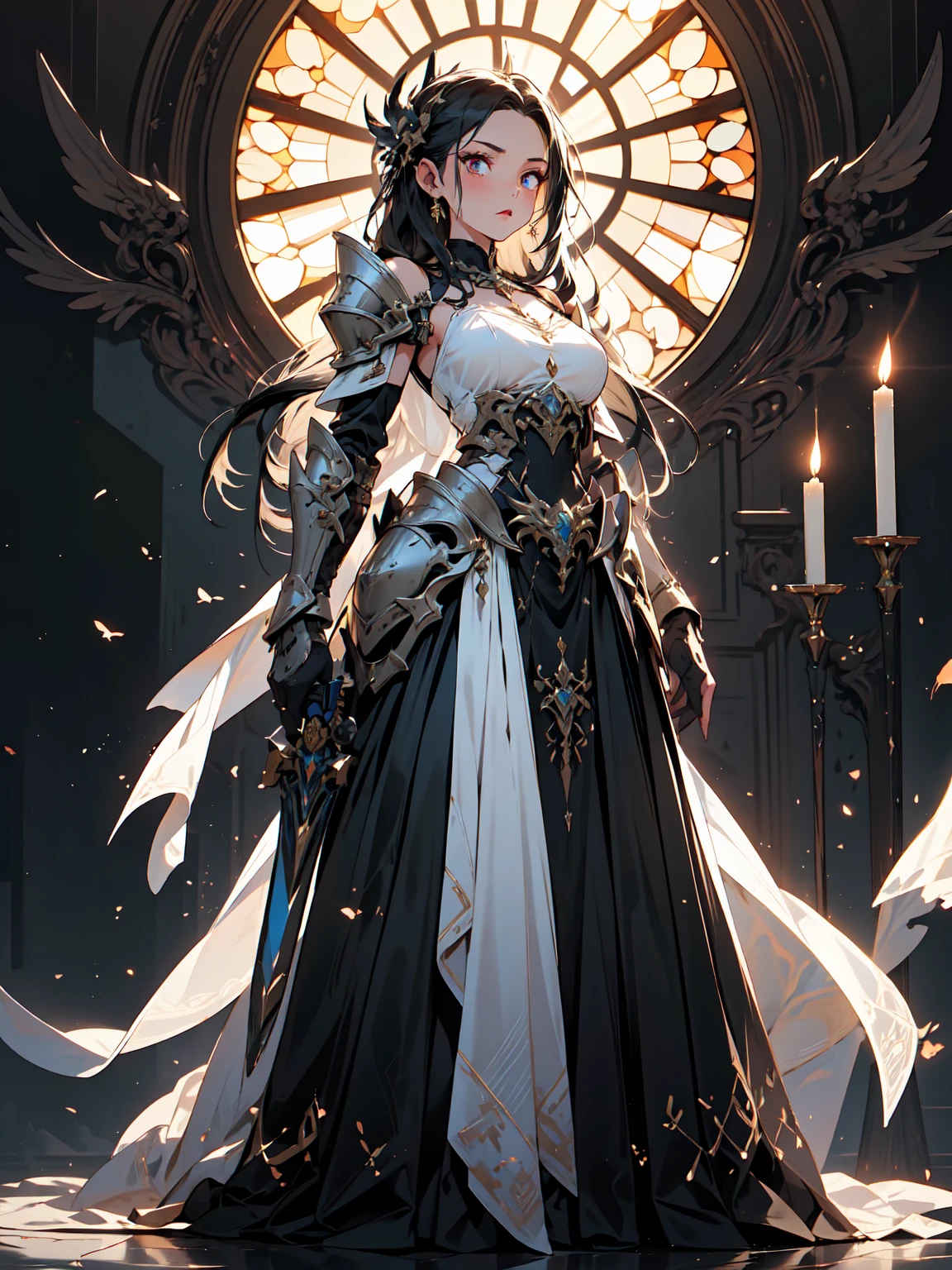 (((masterpiece, best quality, 16k)))A breathtaking artwork of a female character of unimaginable beauty, set in a dark and opulent environment. The full-body view reveals an impressive figure, exuding an aura of power and mystery. She wears black and gold unique armor, radiating a luxurious darkness. Her armor is detailed and characteristic, with intricate golden designs that shimmer in the dim light. Ornate shoulder pads protect her shoulders, and the armor perfectly molds to her body, accentuating her formidable presence. Her long black hair flows like a river of darkness, contrasting with her mesmerizing scarlet eyes. Her beauty is almost supernatural, a perfect blend of grace and menace. She wields a cursed blade that seems to pulse with malevolent energy, enhancing her aura of danger. The setting around her is a gothic and luxurious environment, with dark arches and stained glass windows that filter a supernatural light. In the background, candles flicker, casting dancing shadows on the intricately carved stone walls. It is a place that blends elegance and terror, perfectly reflecting the essence of the character.