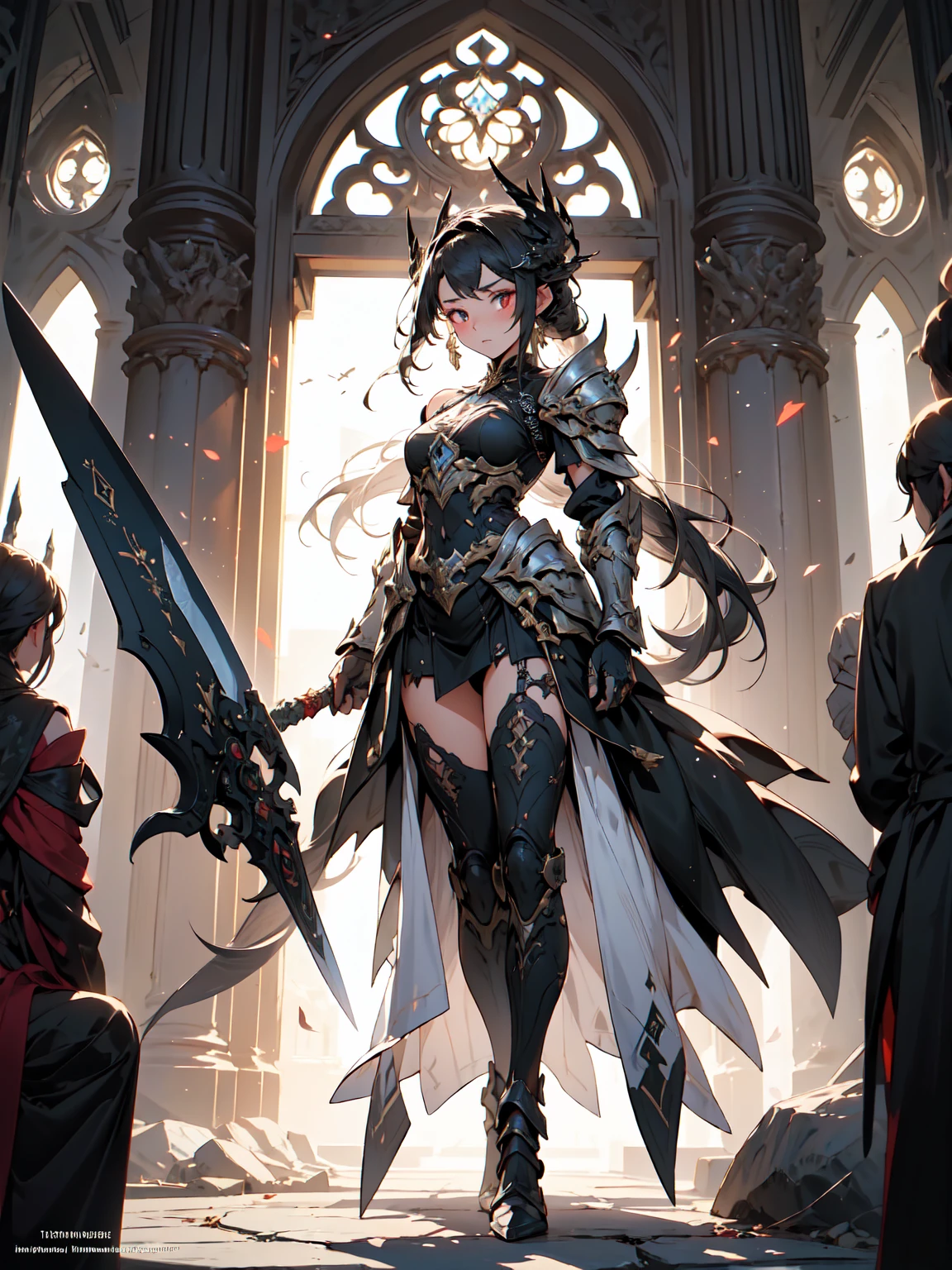 (((masterpiece, best quality, 16k)))A breathtaking artwork of a female character of unimaginable beauty, set in a dark and opulent environment. The full-body view reveals an impressive figure, exuding an aura of power and mystery. She wears black and gold unique armor, radiating a luxurious darkness. Her armor is detailed and characteristic, with intricate golden designs that shimmer in the dim light. Ornate shoulder pads protect her shoulders, and the armor perfectly molds to her body, accentuating her formidable presence. Her long black hair flows like a river of darkness, contrasting with her mesmerizing scarlet eyes. Her beauty is almost supernatural, a perfect blend of grace and menace. She wields a cursed blade that seems to pulse with malevolent energy, enhancing her aura of danger. The setting around her is a gothic and luxurious environment, with dark arches and stained glass windows that filter a supernatural light. In the background, candles flicker, casting dancing shadows on the intricately carved stone walls. It is a place that blends elegance and terror, perfectly reflecting the essence of the character.