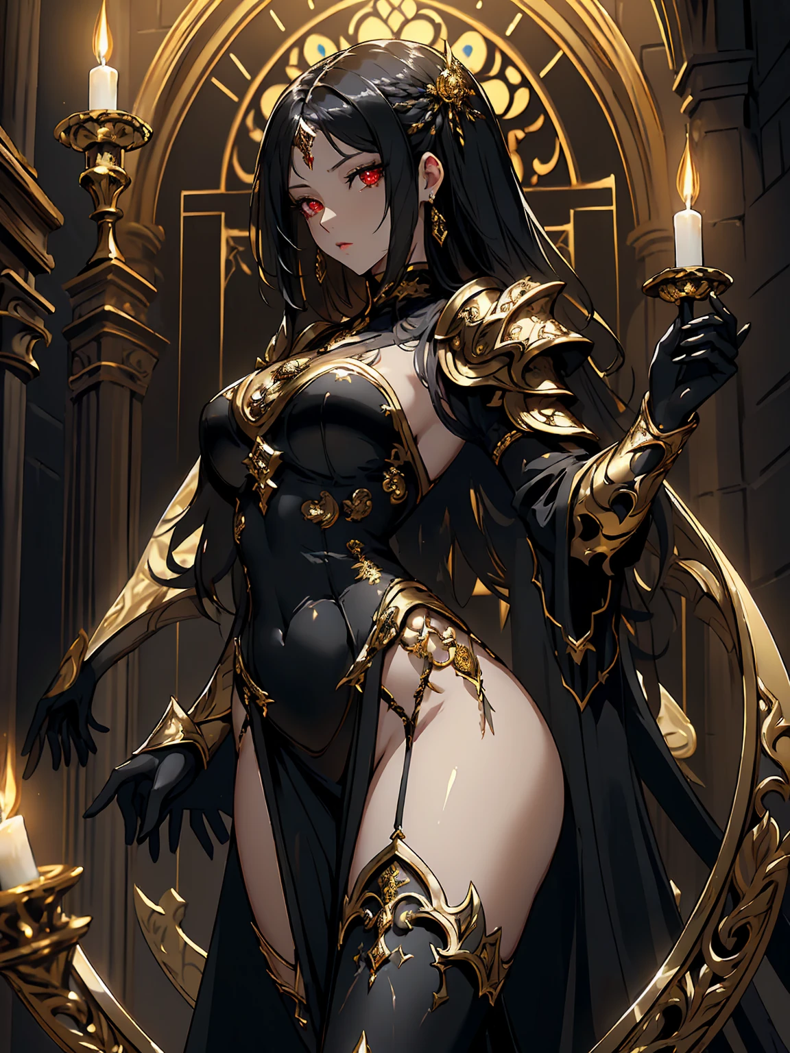 (((masterpiece, best quality, 16k)))A breathtaking artwork of a female character of unimaginable beauty, set in a dark and opulent environment. The full-body view reveals an impressive figure, exuding an aura of power and mystery. She wears black and gold unique armor, radiating a luxurious darkness. Her armor is detailed and characteristic, with intricate golden designs that shimmer in the dim light. Ornate shoulder pads protect her shoulders, and the armor perfectly molds to her body, accentuating her formidable presence. Her long black hair flows like a river of darkness, contrasting with her mesmerizing scarlet eyes. Her beauty is almost supernatural, a perfect blend of grace and menace. She wields a cursed blade that seems to pulse with malevolent energy, enhancing her aura of danger. The setting around her is a gothic and luxurious environment, with dark arches and stained glass windows that filter a supernatural light. In the background, candles flicker, casting dancing shadows on the intricately carved stone walls. It is a place that blends elegance and terror, perfectly reflecting the essence of the character.