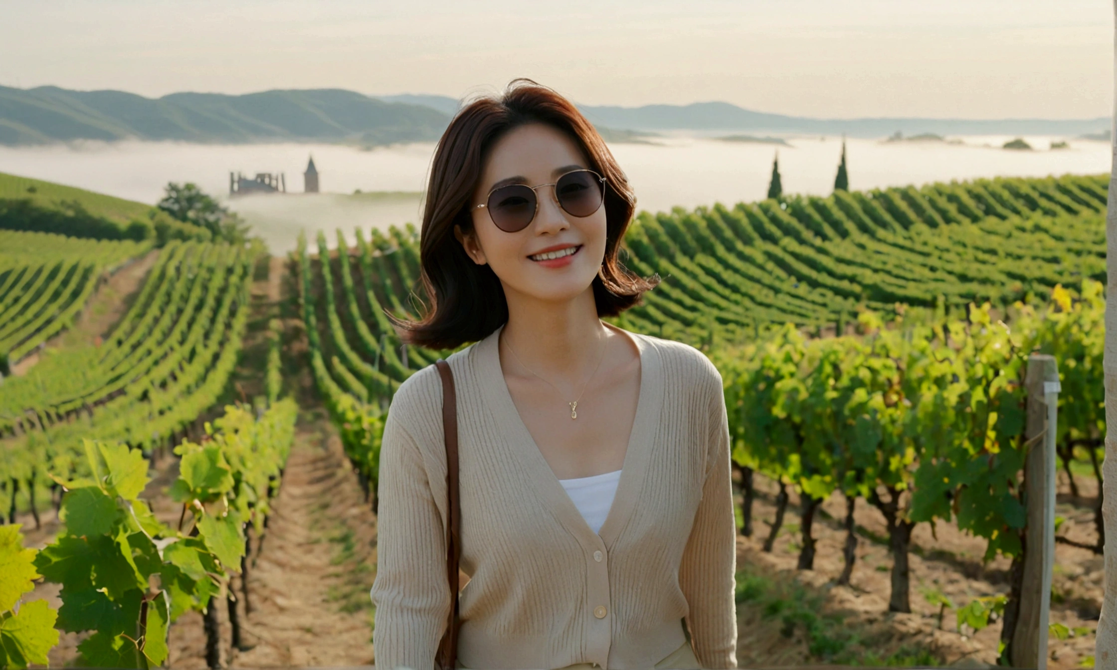 Intentional quality, In 8K, 32K, Photo of a beautiful 36-year-old Korean woman, short medium hair, Inspired by Son Ye-jin, whole body, face focus, Shirt that goes up to the neck and a short cardigan from a luxury brand, beige casual pants, Italian countryside vineyard background, Ranged、make a happy face, 새벽 진한 한개속 The cathedral is visible in the distance, There is thick fog, path, looking up the side, Wear a shirt that covers your chest, The cathedral is visible in the distance, Photo of endless vineyard scenery, look up the side. thick dawn fog, Well-groomed hair, Photo of an elegant and modest woman, Endless vineyards, Vivid picture quality, Clear picture quality, 언덕 위 path, 1 woman, colonnade가 있는 휘어진 path 언덕에서 바라본다. colonnade, The waist area is visible. 휘어진 path에 서있다, colonnade가 있는 어덕길에 서있다. Luxury brand large horn rimmed sunglasses, Sunglasses details, Sunglasses are the same size on both sides, Looking down on the vineyard from the hill, The cathedral is visible in the distance
