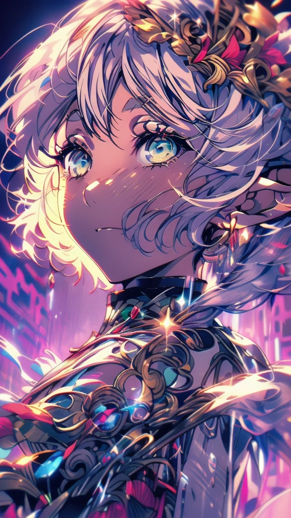 ((highest quality, super detailed woman:1.3)),(White hair,elfs ears,green eyes,shining eyes,small,small Rounded eyebrows ,long twin tail:1.2),(cowboy shot:1.2),(1 girl,Solo:1.5),(portrait:1.2)