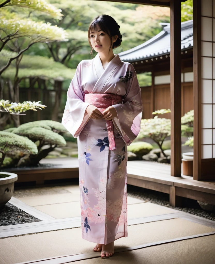 A woman wearing a transparent yukata、Japanese garden、in the garden、Veranda