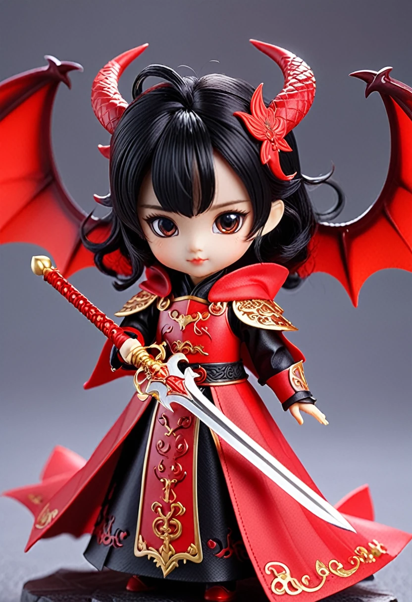 (masterpiece, Highest quality)、Cute Girl Dragon King、Pointy Ears、Horns growing from his head、Red Chinese Armor、Red devil wings、Not scary、The sword in her hand has a black blade、Except for his head, he is covered in red armor.、A fluttering red cape、Not scary、doll、