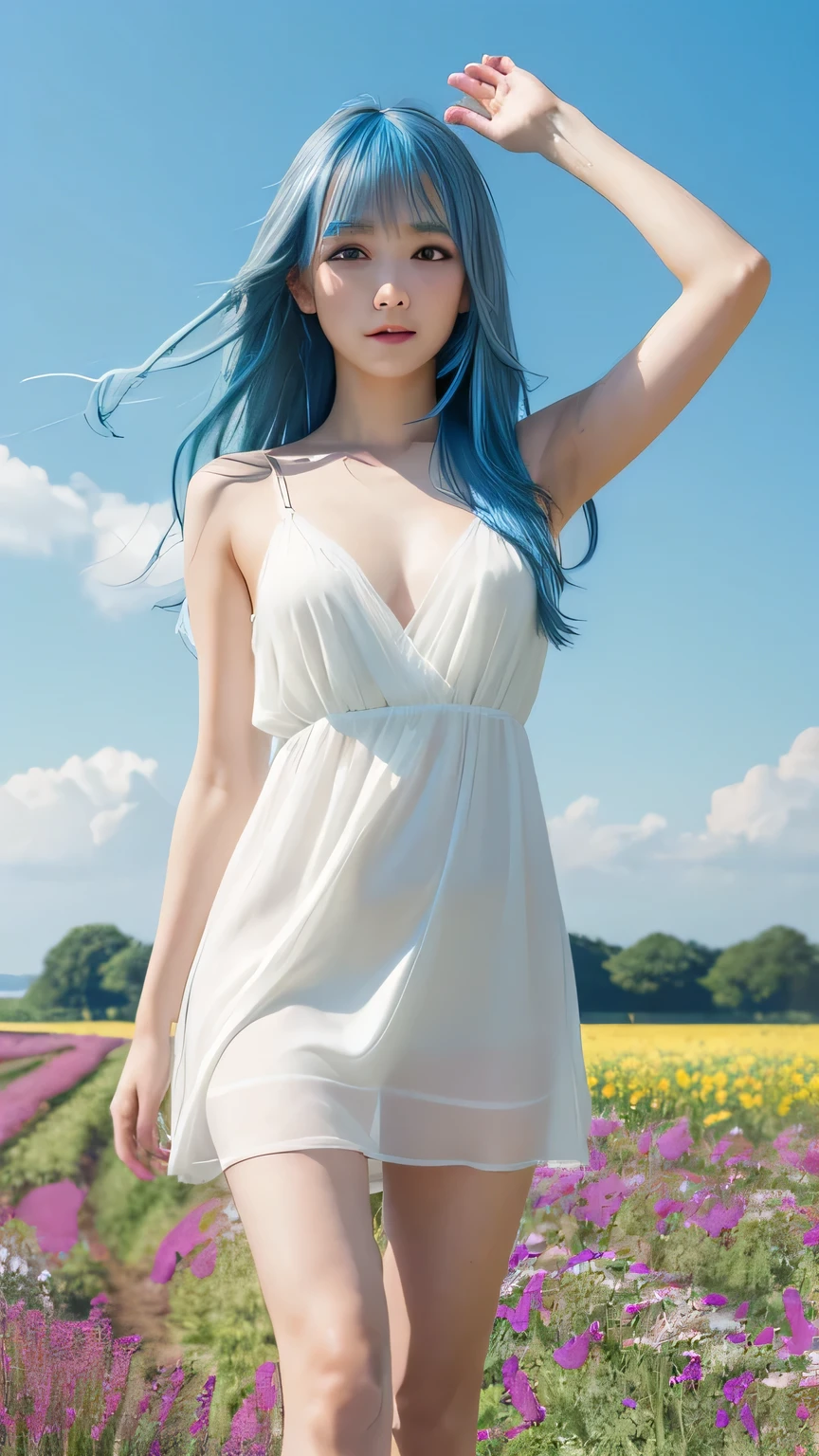 (Highest quality, 32K, High resolution, masterpiece:1.5), internal_jet, god々Photos with radiant and healing powers., A sense of calm and elusive beauty, Expressing emotions, Have a rich imagination, Beautiful Japanese Girl, Very beautiful face, Small Face Beauty, , Perfect Human Anatomy, Magic big eye, Motherhood and generosity, deep love, A fleeting smile, (Shiny blue hair:1.2), Super long hair swaying in the wind, Asymmetrical bangs, Hair between the eyes, transparent, Soft white skin, Sharp eyebrows, Thin lashes, ((Natural Makeup:1.3)), White Dress, High resolution perfect collarbone, High resolution beautiful bust, Slim figure and ample breasts, High resolutionの美しい太もも, ((Distant Horizon:1.5)), ((A flower field that stretches to the horizon:1.3)), Beautiful and detailed blue sky, Professional Photographer, Professional Lighting, Professional Model