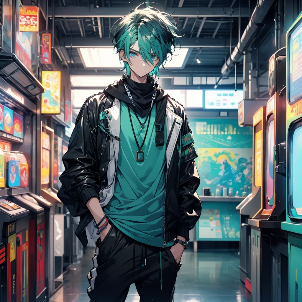 (facefocus), (only one person). A young adult with fair skin, with a toned and defined body. He has mint colored eyes, short dark blue hair voluminous and messy wavy. He wears a black bandana on his forehead, has a very colorful and lively style of clothing. He wears a mint green faux leather jacket, a black shirt underneath, black jogger pants and mint-colored high-top sneakers. He has a determined expression on his face and is standing in the middle of an arcade with several vibrant colors..