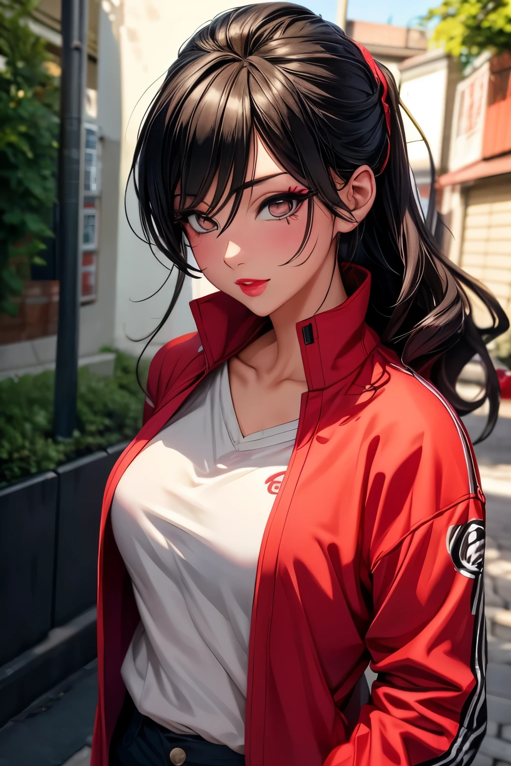 Mei Terumi (naruto), CG 8k ultra-realista, beautiful woman, seductive eyes, make-up, red lips, casual clothes 