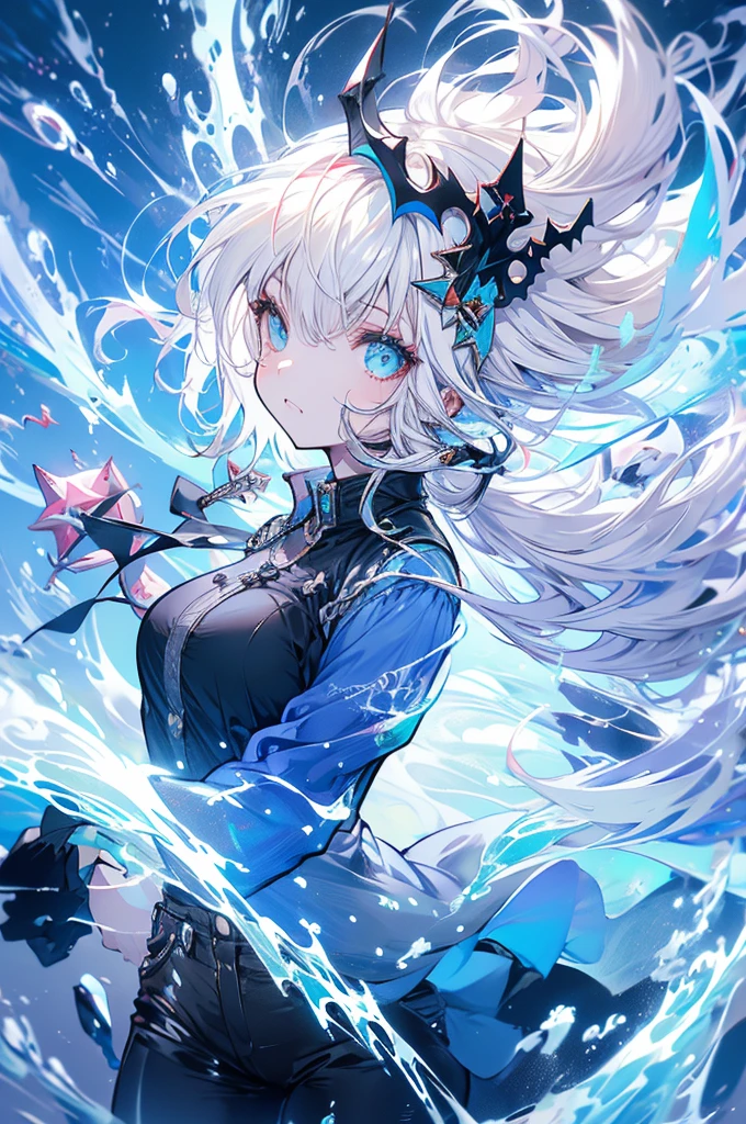 Woman, cute, baggy shirt, tight pants, looking up, magic, white hair, light blue, ice, shark, double teeth, nude