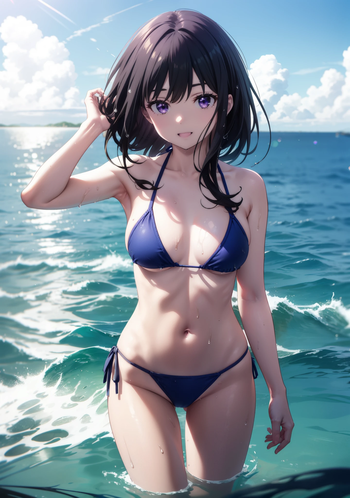 Takiuchikami, Check it out, Long Hair, bangs, Black Hair, (Purple eyes:1.2),Light blue bikini string swimsuit,barefoot,Water Play,Wet Hair,Wet Skin,Wet swimsuit,smile,Open your mouth,True Summer,whole bodyがイラストに入るように,
break outdoors,Ocean,Sandy Beach,Beach,
break looking at viewer, whole body,(Cowboy Shot:1.5),
break (masterpiece:1.2), Highest quality, High resolution, unity 8k wallpaper, (figure:0.8), (Beautiful attention to detail:1.6), Highly detailed face, Perfect lighting, Highly detailed CG, (Perfect hands, Perfect Anatomy),