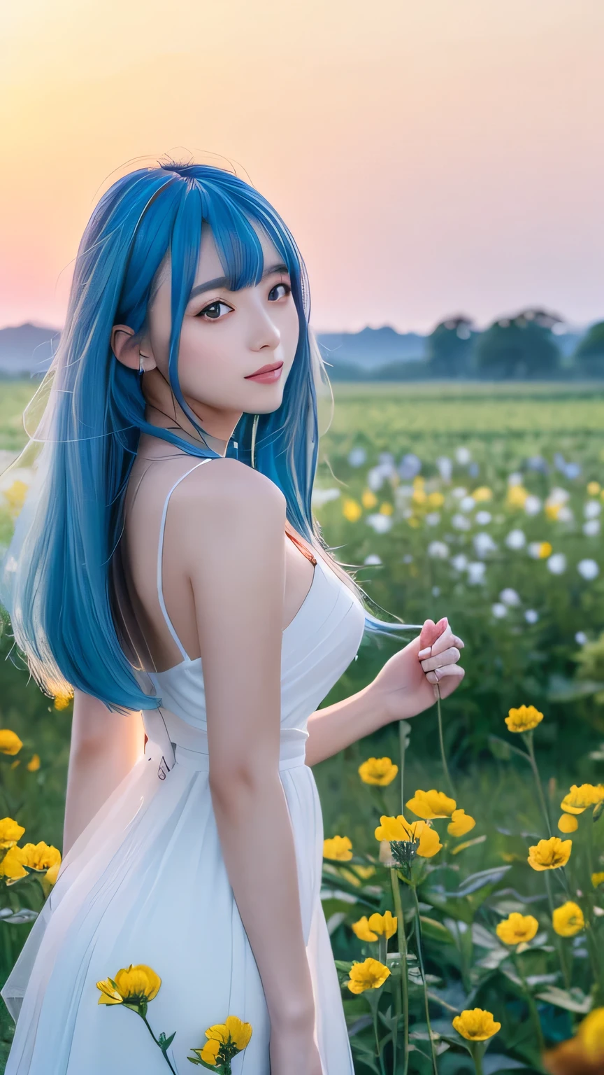 (Highest quality, 32K, High resolution, masterpiece:1.5), internal_jet, god々Photos with radiant and healing powers., A sense of calm and elusive beauty, Expressing emotions, Have a rich imagination, Beautiful Japanese Girl, Very beautiful face, Small Face Beauty, , Perfect Human Anatomy, Magic big eye, Motherhood and generosity, deep love, A fleeting smile, (Shiny blue hair:1.2), Super long hair swaying in the wind, Asymmetrical bangs, Hair between the eyes, transparent, Soft white skin, Sharp eyebrows, Thin lashes, ((Natural Makeup:1.3)), White Dress, High resolution perfect collarbone, High resolution beautiful bust, Slim figure and ample breasts, High resolutionの美しい太もも, ((Distant Horizon:1.5)), ((A flower field that stretches to the horizon:1.3)), Beautiful and detailed blue sky, Professional Photographer, Professional Lighting, Professional Model