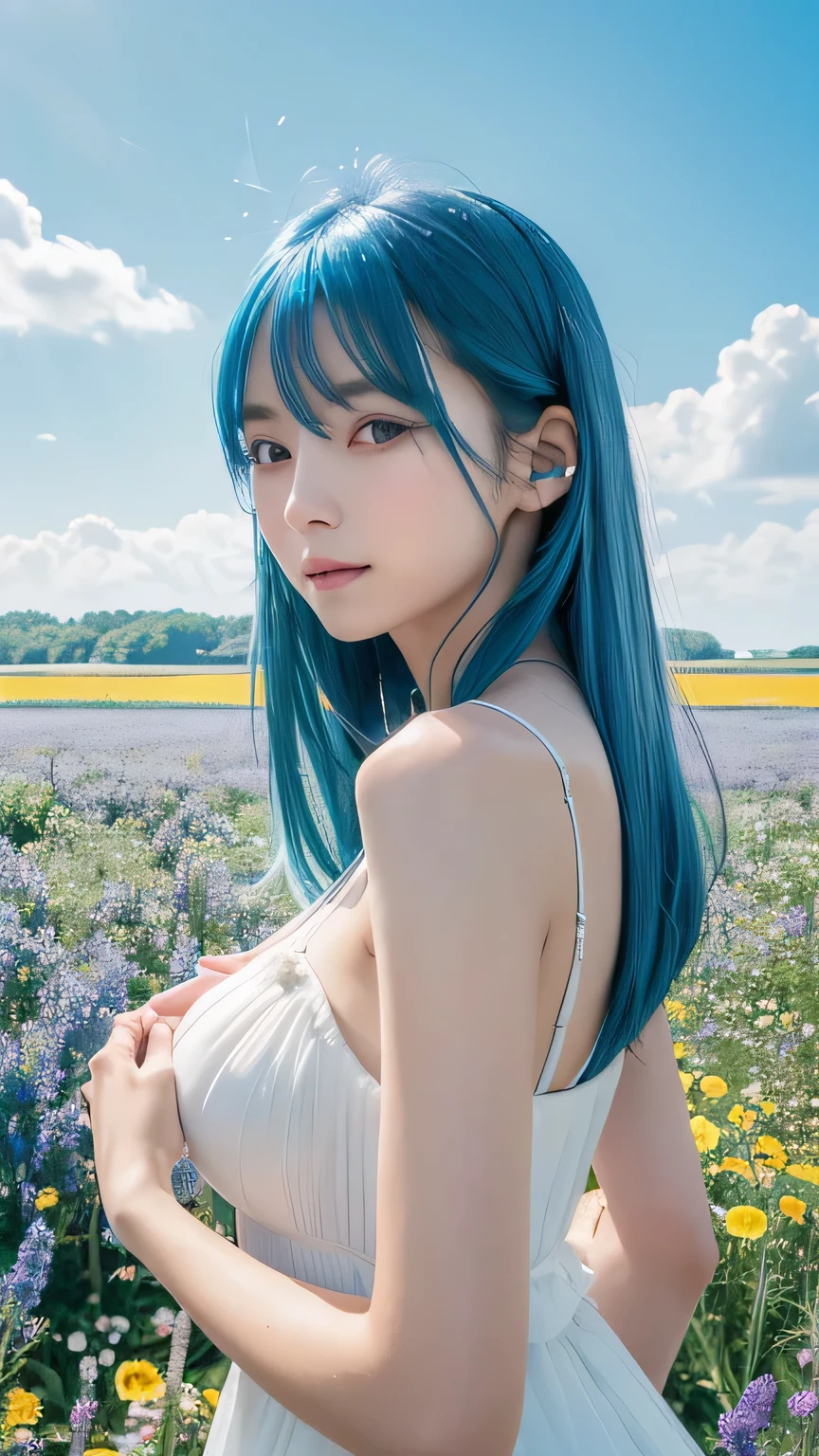 (Highest quality, 32K, High resolution, masterpiece:1.5), internal_jet, god々Photos with radiant and healing powers., A sense of calm and elusive beauty, Expressing emotions, Have a rich imagination, Beautiful Japanese Girl, Very beautiful face, Small Face Beauty, , Perfect Human Anatomy, Magic big eye, Motherhood and generosity, deep love, A fleeting smile, (Shiny blue hair:1.2), Super long hair swaying in the wind, Asymmetrical bangs, Hair between the eyes, transparent, Soft white skin, Sharp eyebrows, Thin lashes, ((Natural Makeup:1.3)), White Dress, High resolution perfect collarbone, High resolution beautiful bust, Slim figure and ample breasts, High resolutionの美しい太もも, ((Distant Horizon:1.5)), ((A flower field that stretches to the horizon:1.3)), Beautiful and detailed blue sky, Professional Photographer, Professional Lighting, Professional Model