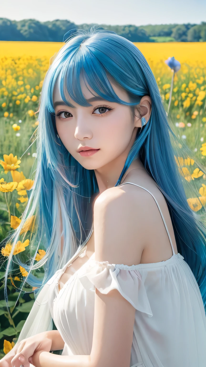 (Highest quality, 32K, High resolution, masterpiece:1.5), internal_jet, god々Photos with radiant and healing powers., A sense of calm and elusive beauty, Expressing emotions, Have a rich imagination, Beautiful Japanese Girl, Very beautiful face, Small Face Beauty, , Perfect Human Anatomy, Magic big eye, Motherhood and generosity, deep love, A fleeting smile, (Shiny blue hair:1.2), Super long hair swaying in the wind, Asymmetrical bangs, Hair between the eyes, transparent, Soft white skin, Sharp eyebrows, Thin lashes, ((Natural Makeup:1.3)), White Dress, High resolution perfect collarbone, High resolution beautiful bust, Slim figure and ample breasts, High resolutionの美しい太もも, ((Distant Horizon:1.5)), ((A flower field that stretches to the horizon:1.3)), Beautiful and detailed blue sky, Professional Photographer, Professional Lighting, Professional Model