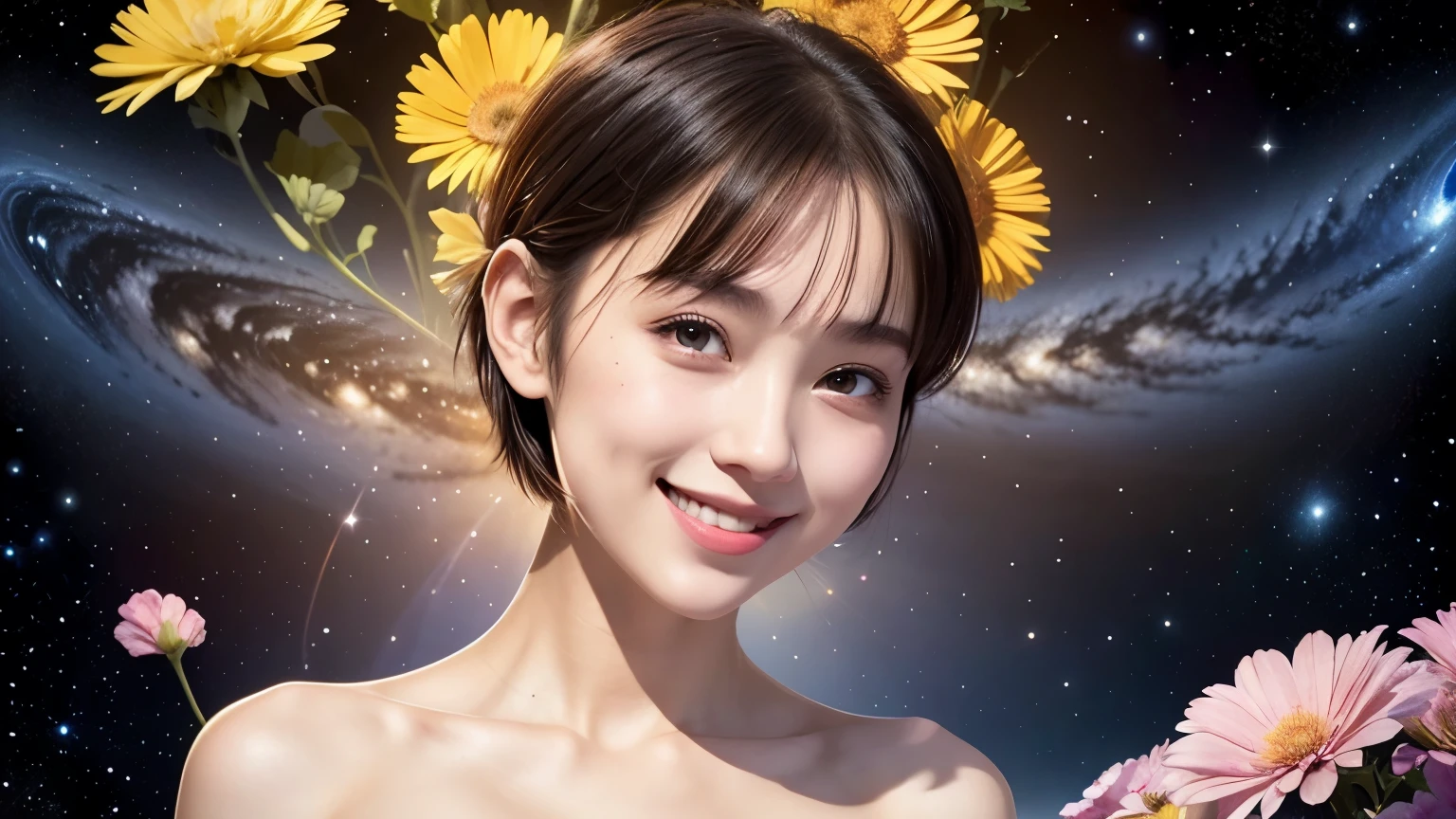 258 19-year-old female, (short hair),(Abstract background,universe), smile, flower