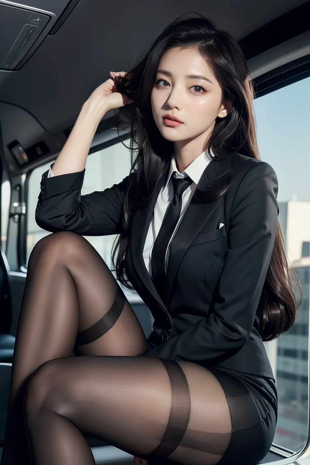 Beautiful kinky woman portrait: Full body portrait, Slim Rest, masterpiece、first class、thin、Beautiful eyes and muscles、((first class))、Skin depression、sit、Spread your legs、No pants、(From below)、High heels、front、Outdoor、(adjusting hair:1.5) OL、black office blazer、Office Skirt、(pantyhose black),、