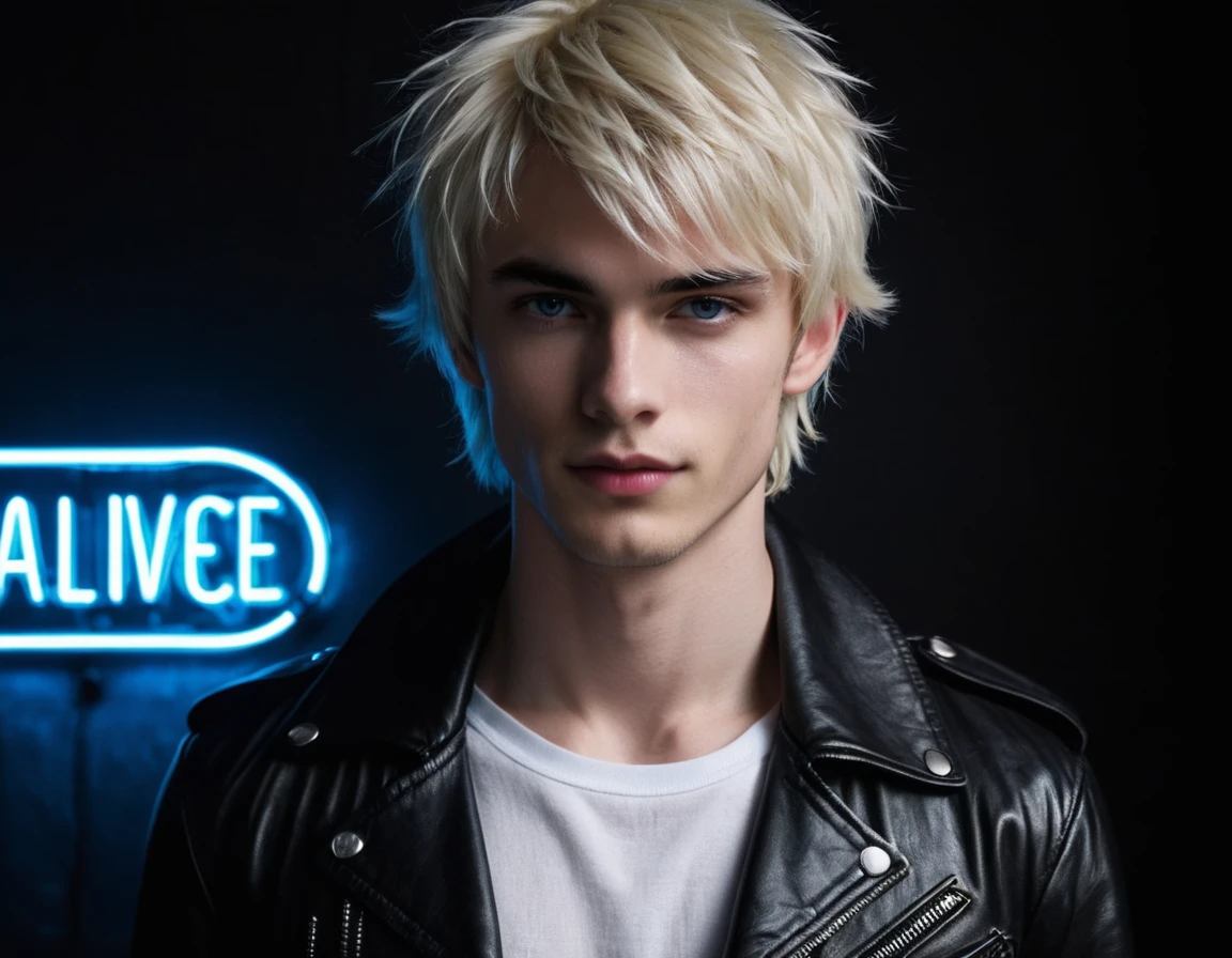 Hyper realistic, dark vibes, attractive young guy, male, (skinny and thin:1.1), 22 years, pale skin, blue eyes, (short messy shaggy platinum blond hair:1.1), side swept medium bangs, (holding dagger1.2), black leather jacket, black eyeliner, dark lighting, in luxury BDSM room, (smirk:1.1), (red neon crescent moon and blue neon sign in background text says "CONTEXT":1.1)