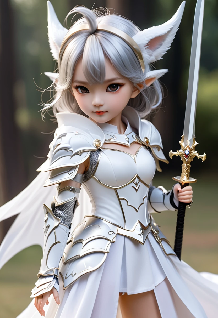 (masterpiece, Highest quality)、Cute Girl Demon King、Pointy Ears、Fox ears growing from his head、Silver armor、White devil wings、Not scary、The sword in her hand is sharp、Except for his head, he is covered in white armor.、A fluttering white cape、Not scary、Small doll、