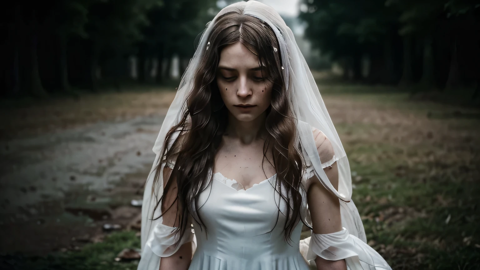 A ghostly figure of a woman with long, disheveled hair covering her face. Her eyes are hollow and dark, and her skin is pale and translucent. She wears a white dress that flows unnaturally as she moves. Her presence is eerie and haunting, with a sense of sadness and malevolence. some blood in face
