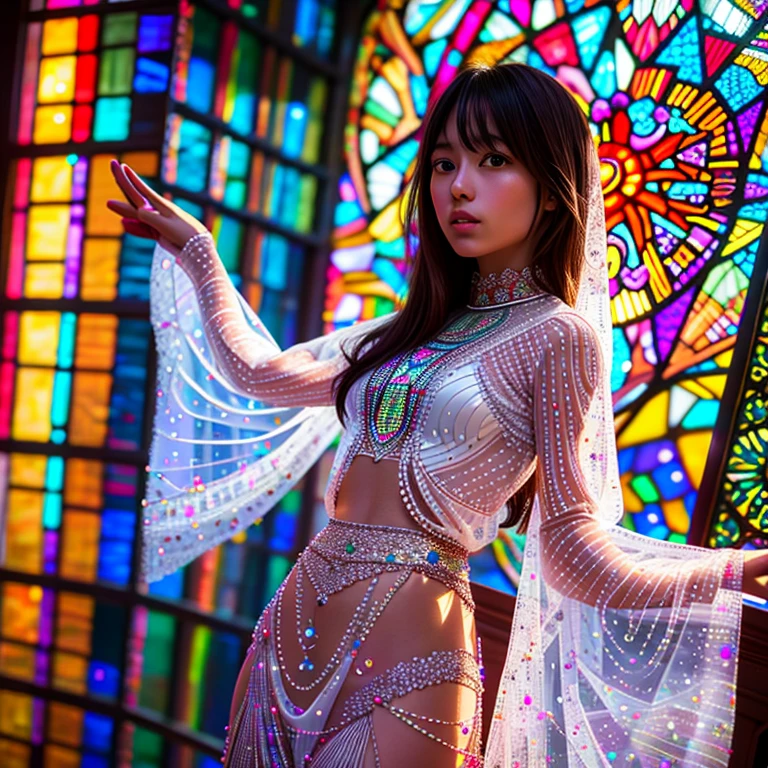 SFW, concept art, Tiny junior idol, (Detailed Delicate lace knitted white clothes), (nipple:-0.9), face closeup, (Elaborate stained glass Background:1.37), (((Renbutsu Misako), colorful Light shines through delicate stained glass:1.2, vivid red colors, Luminous Particles, light Particles))(Acutance:0.8). (ProfessionalPhoto:1.2),(ultra-detailed:1.37), (Extremely detailed KAWAII face variations, innocent expression variations), rosy cheeks, intricate detailed eyes with sparkling highlights, long eyelashes with volume, subtle blush on the face. Mystic sight, haze, Impeccable Radiant PearlSkin with Transparency, captivating gaze, ((Dynamic-angle)), whole Body proportions and all limbs are anatomically accurate . (Exposed:0.64)