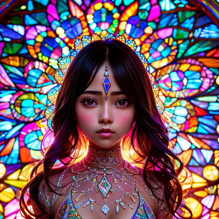 SFW, concept art, Tiny junior idol, (Detailed Delicate lace knitted white clothes), (nipple:-0.9), face closeup, (Elaborate stained glass Background:1.37), (((Renbutsu Misako), colorful Light shines through delicate stained glass:1.2, vivid red colors, Luminous Particles, light Particles))(Acutance:0.8). (ProfessionalPhoto:1.2),(ultra-detailed:1.37), (Extremely detailed KAWAII face variations, innocent expression variations), rosy cheeks, intricate detailed eyes with sparkling highlights, long eyelashes with volume, subtle blush on the face. Mystic sight, haze, Impeccable Radiant PearlSkin with Transparency, captivating gaze, ((Dynamic-angle)), whole Body proportions and all limbs are anatomically accurate .