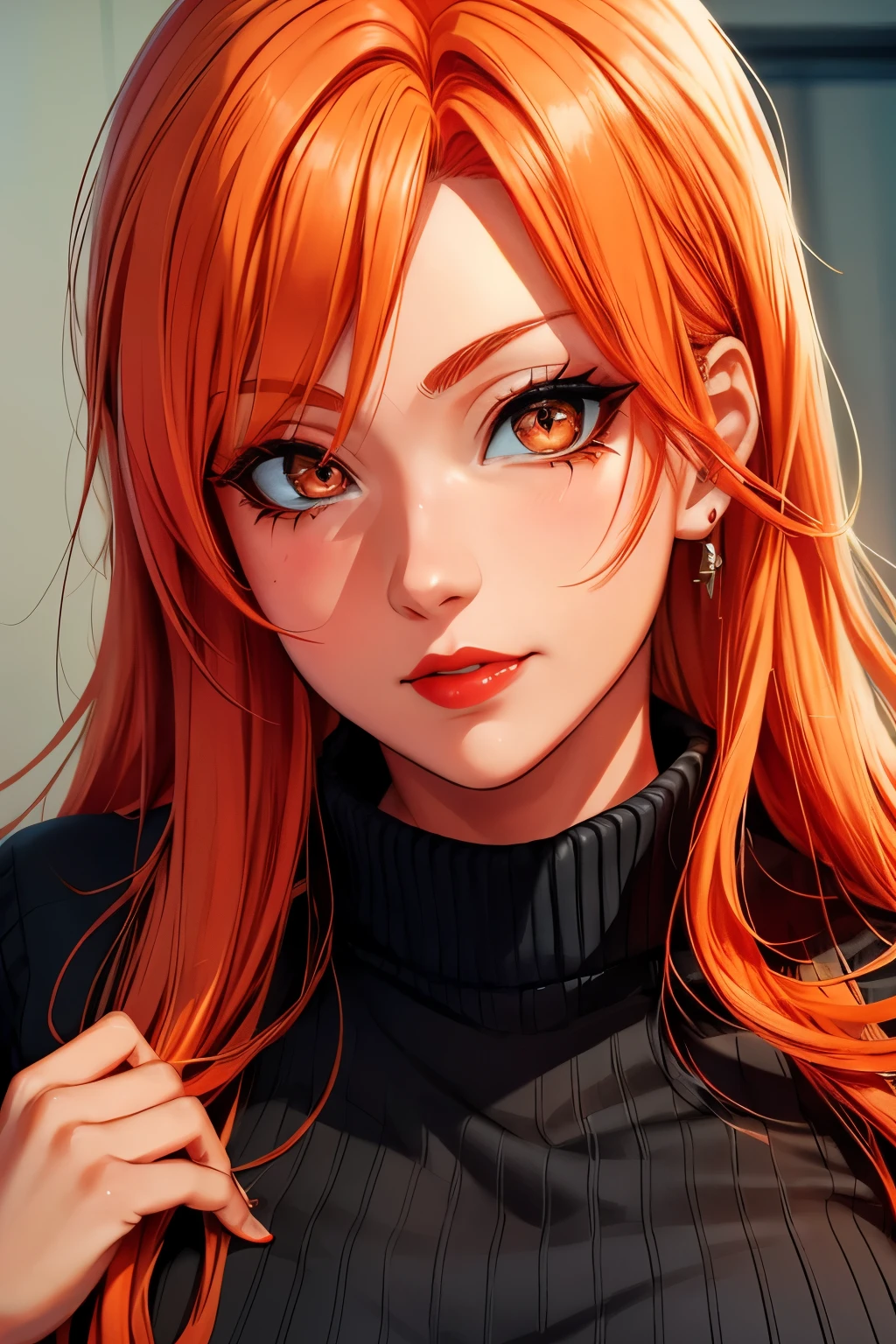 Mei Terumi (naruto), orange hair, CG 8k ultra-realista, beautiful woman, seductive eyes, make-up, red lips, casual clothes 