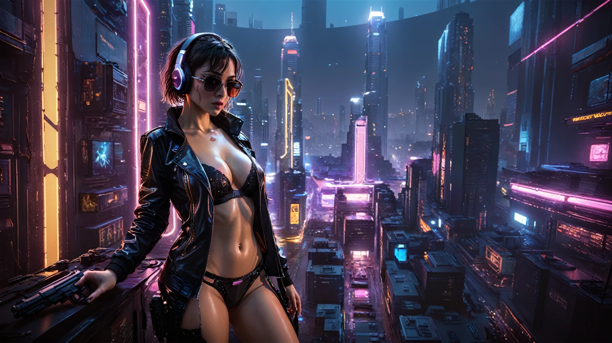 (((aerial view))), Blade Runner style futuristic cyberpunk 2077 cityscape, neon lights, at night. (1girl, solo, alone), large-breast:1.2 slim body, cleavage:1.1, sexy lingerie with wet jacket, headphone, (black sunglasses), (((she raised a pistol:1.8 and shot:1.8 the viewer))), dynamic pose, (((half-body thigh level medium shot))), cinematic lighting, lens flare, ray tracing, fisheye lens.