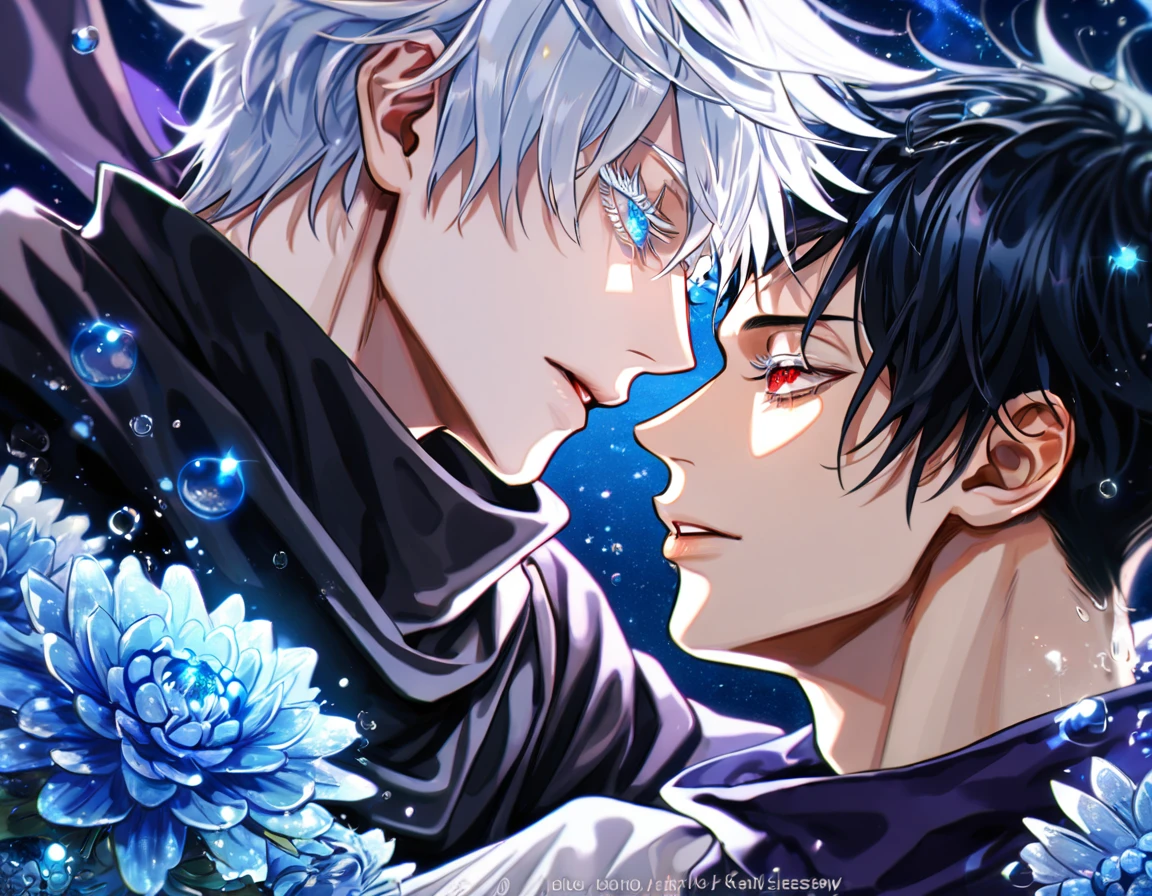 absurdres, highres, ultra detailed, HDR, master piece, best quality, extremely detailed, Gojou Satoru, white hair, expressive blue eyes, white eyelashes, Jujutsu Kaisen, Kaerius, black hair, expressive red eyes, two sexy men together, yaoi, gay couple, handsome, sensual, black scarf, white haori, black tight shirt, fantasy, water, sparkling, blue glittering fireflies, blue moon, blue blossoms, blue chrysanthemums, blue sparkling lights, starry sky, magical