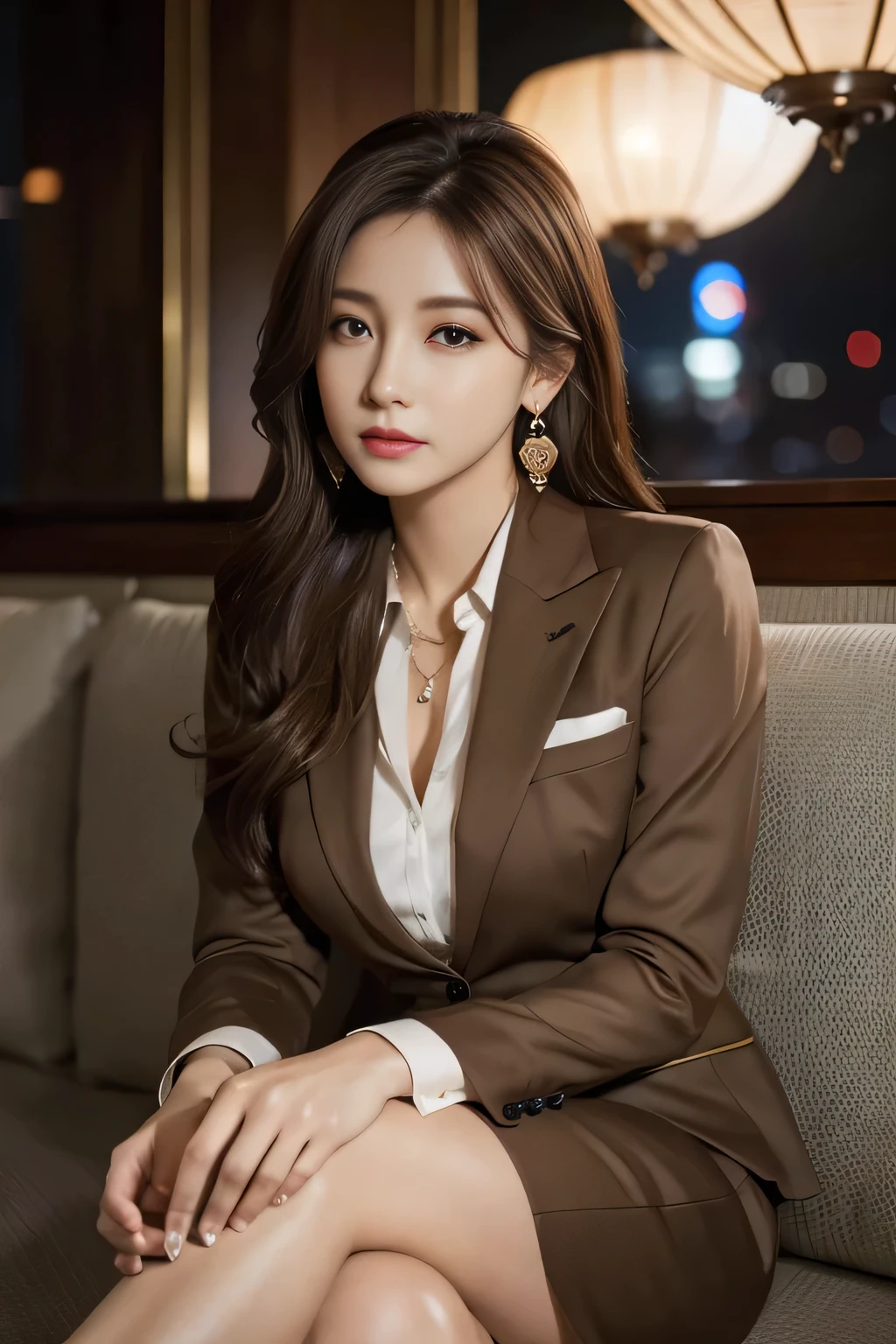 masterpiece, Highest quality, Realistic, Very detailed, Finer details, High resolution, 8k wallpaper, One beautiful woman, Wear a nice suit, In a great restaurant, At night, Light brown messy hair, Perfect dynamic composition, Beautiful and beautiful eyes、Big earrings、Sitting on the sofa、