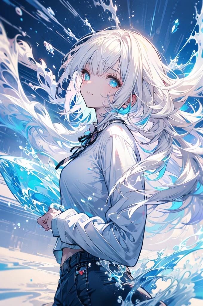 Woman, cute, baggy shirt, tight pants, looking up, magic, white hair, light blue, ice, waves, double teeth, nude