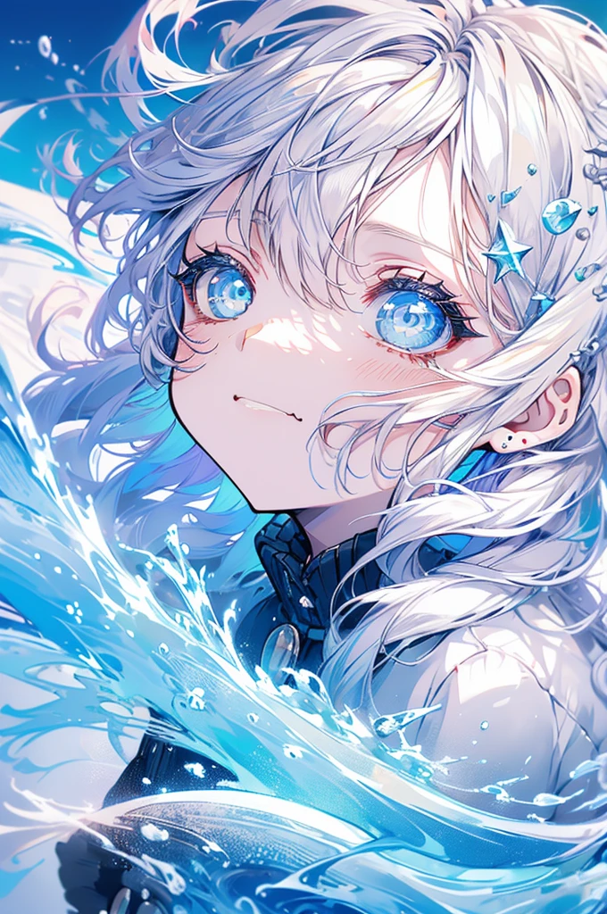 Woman, cute, baggy shirt, tight pants, looking up, magic, white hair, light blue, ice, waves, double teeth, nude