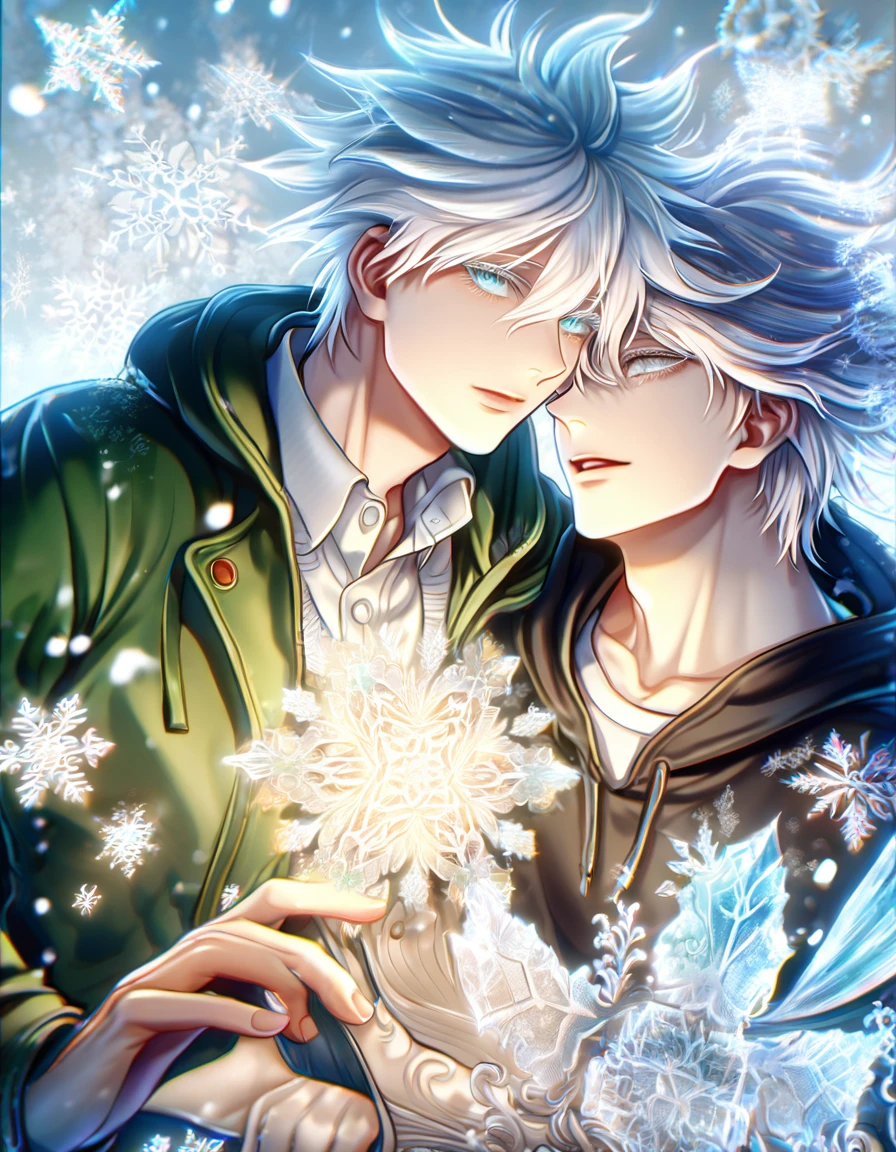 Ultra detailed, HDR, Highres, absurdres, master piece, Gojou Satoru, white hair with bangs, expressive blue eyes, white eyelashes, black clothes, Jujutsu Kaisen, Komaeda Nagito, white hair, expressive green-gray eyes, green coat with hoodie, white shirt, Danganronpa 2, ice flowers, ice butterflies, fantasy, magical, snowflakes, winter, handsome, two sexy man together, gay couple, yaoi, love, sensual, frosted
