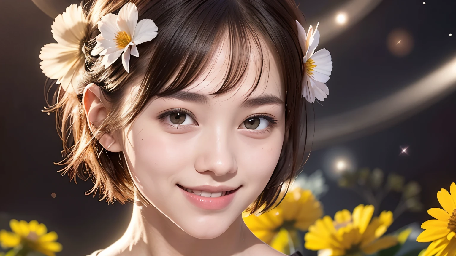 258 19-year-old female, (short hair),(Abstract background,universe), smile, flower