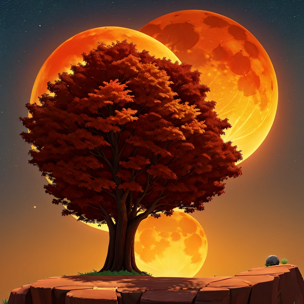 Brown leafy shadow tree with fiery red and yellow leaves on a cliff, with the giant moon behind.