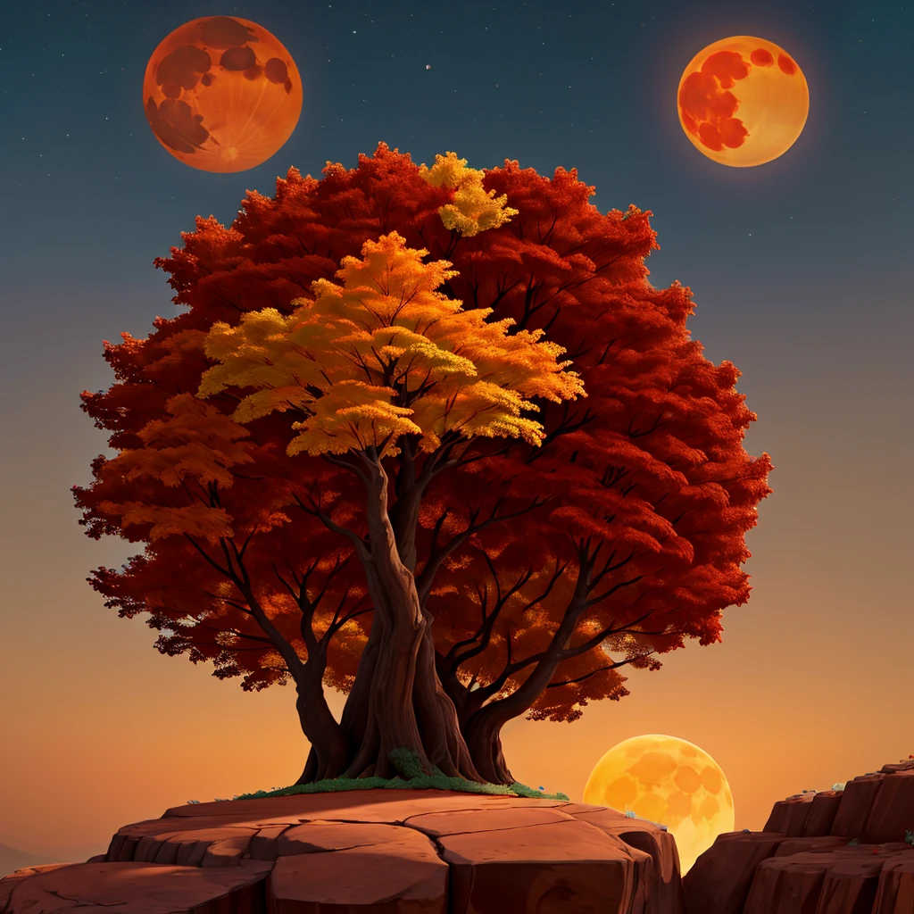 Brown leafy shadow tree with fiery red and yellow leaves on a cliff, with the giant moon behind.